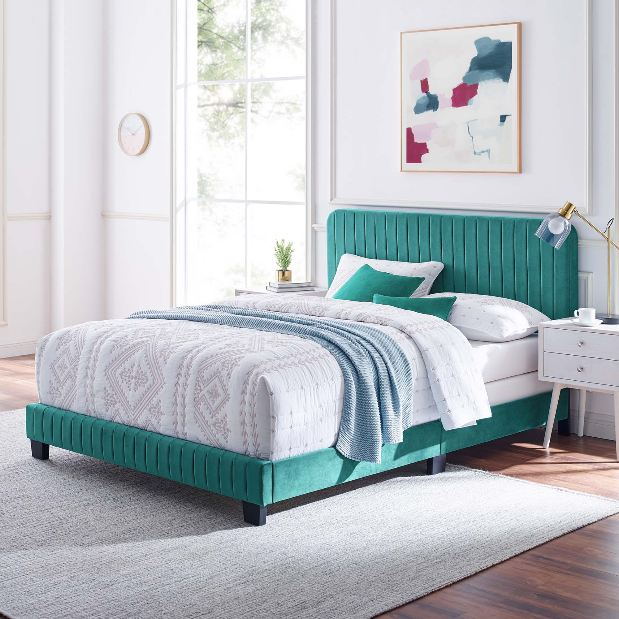 Celine Channel Tufted Performance Velvet Full Bed, Teal