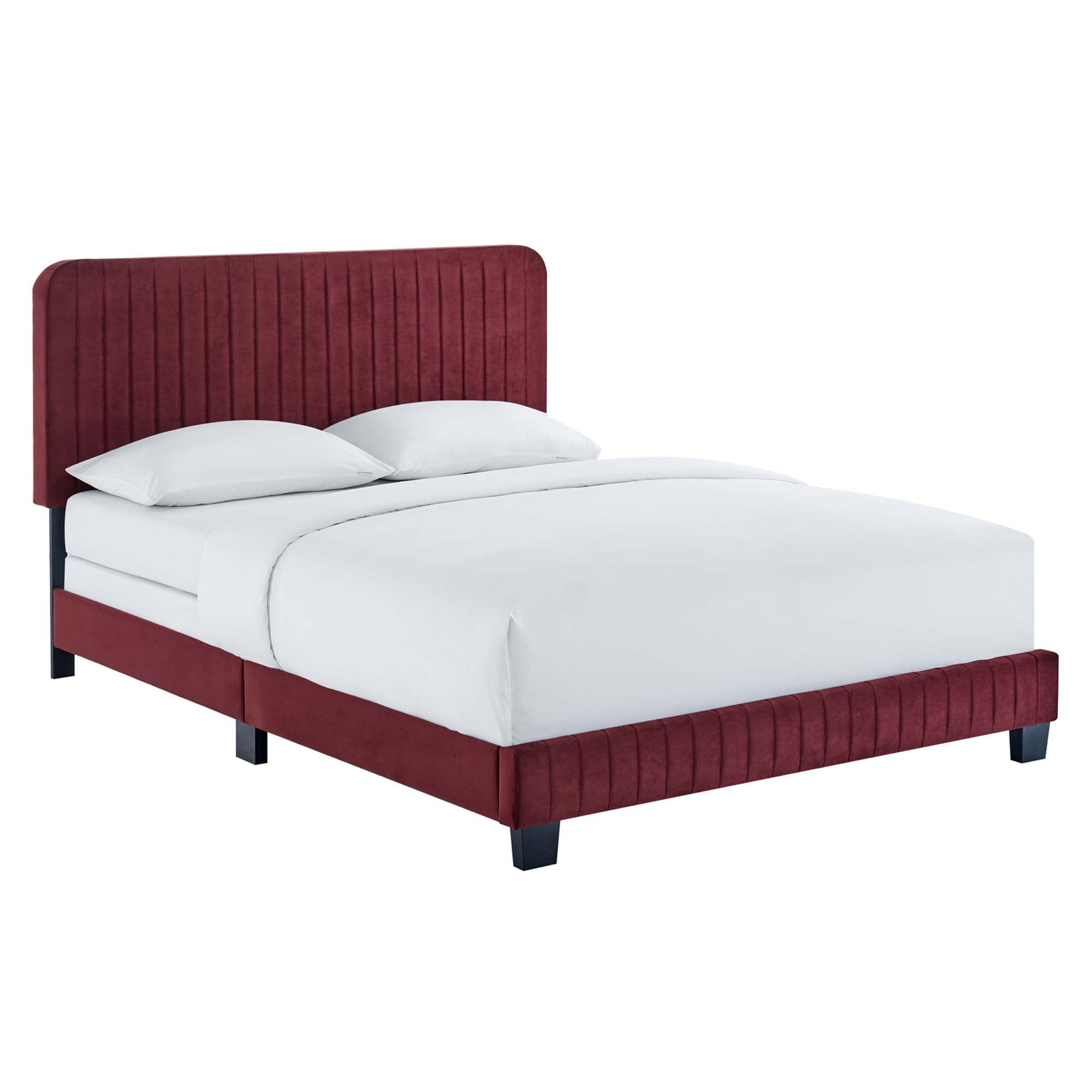 Peryn Twin Performance Velvet Platform Bed – Channel Tufted Maroon Headboard