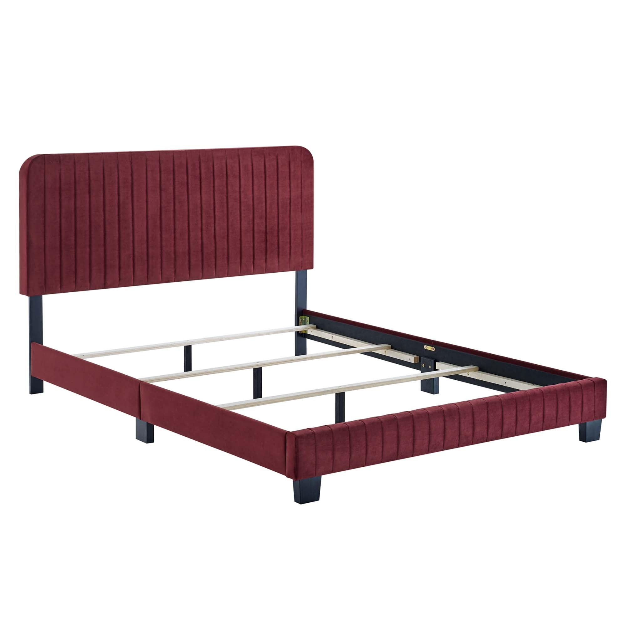 Peryn Twin Performance Velvet Platform Bed – Channel Tufted Maroon Headboard
