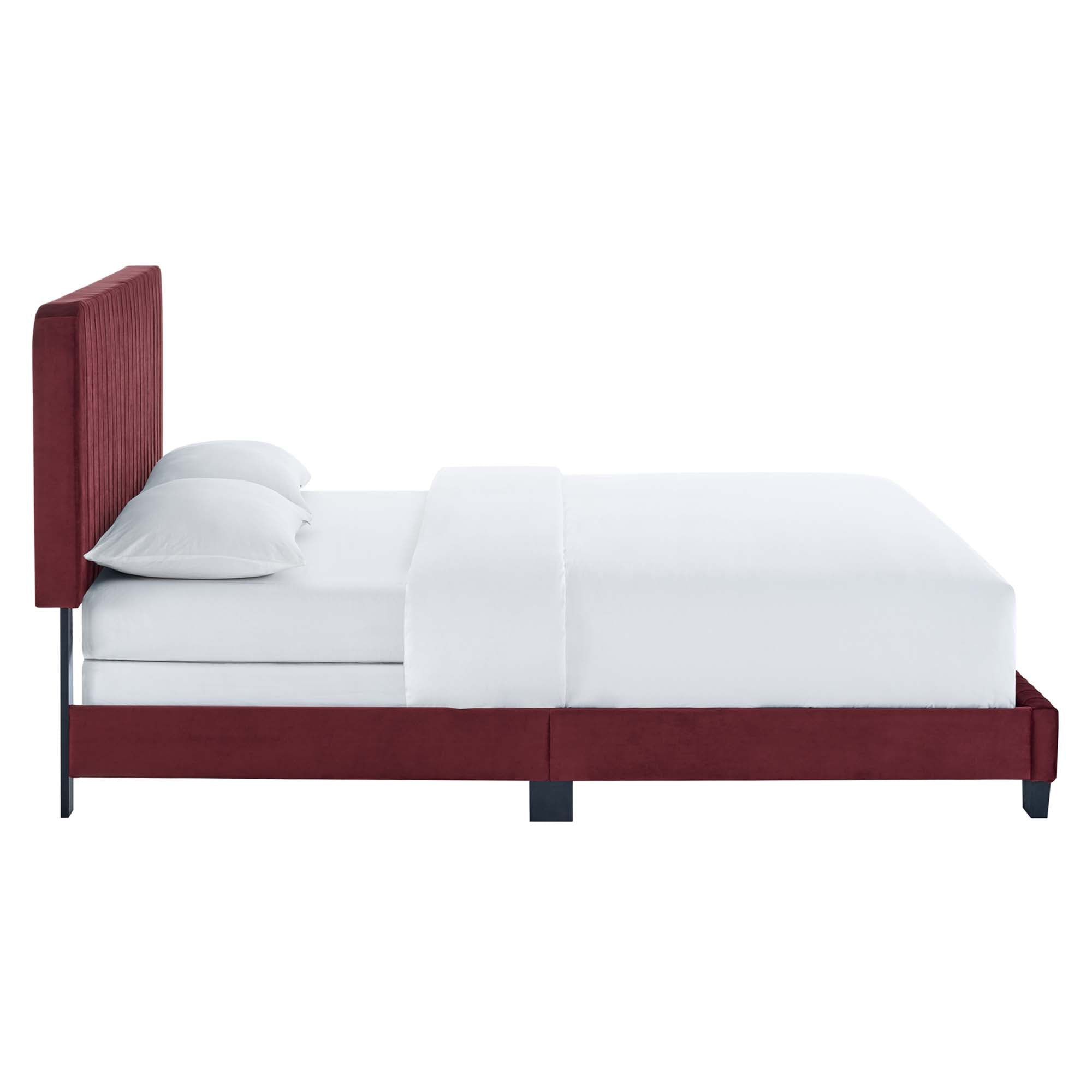 Peryn Twin Performance Velvet Platform Bed – Channel Tufted Maroon Headboard