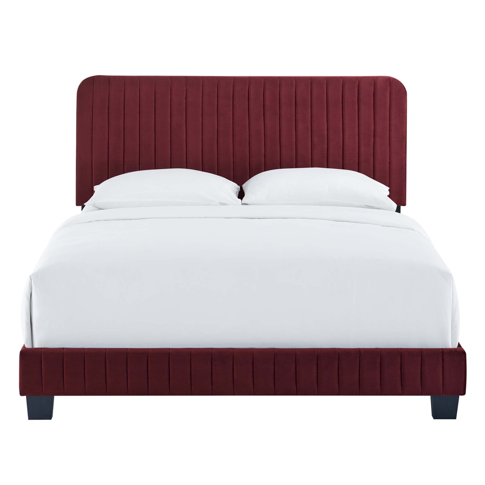 Peryn Twin Performance Velvet Platform Bed – Channel Tufted Maroon Headboard