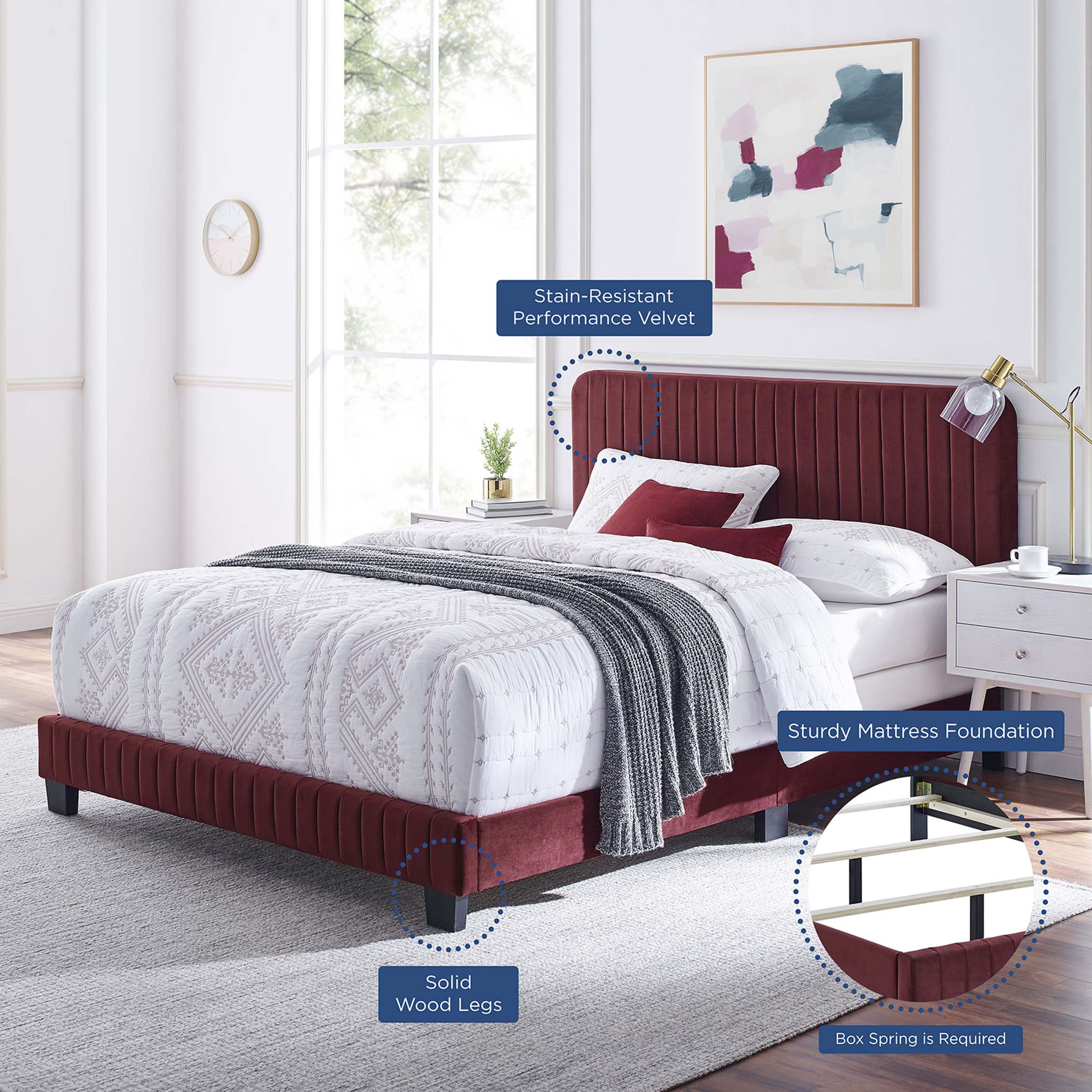 Peryn Twin Performance Velvet Platform Bed – Channel Tufted Maroon Headboard