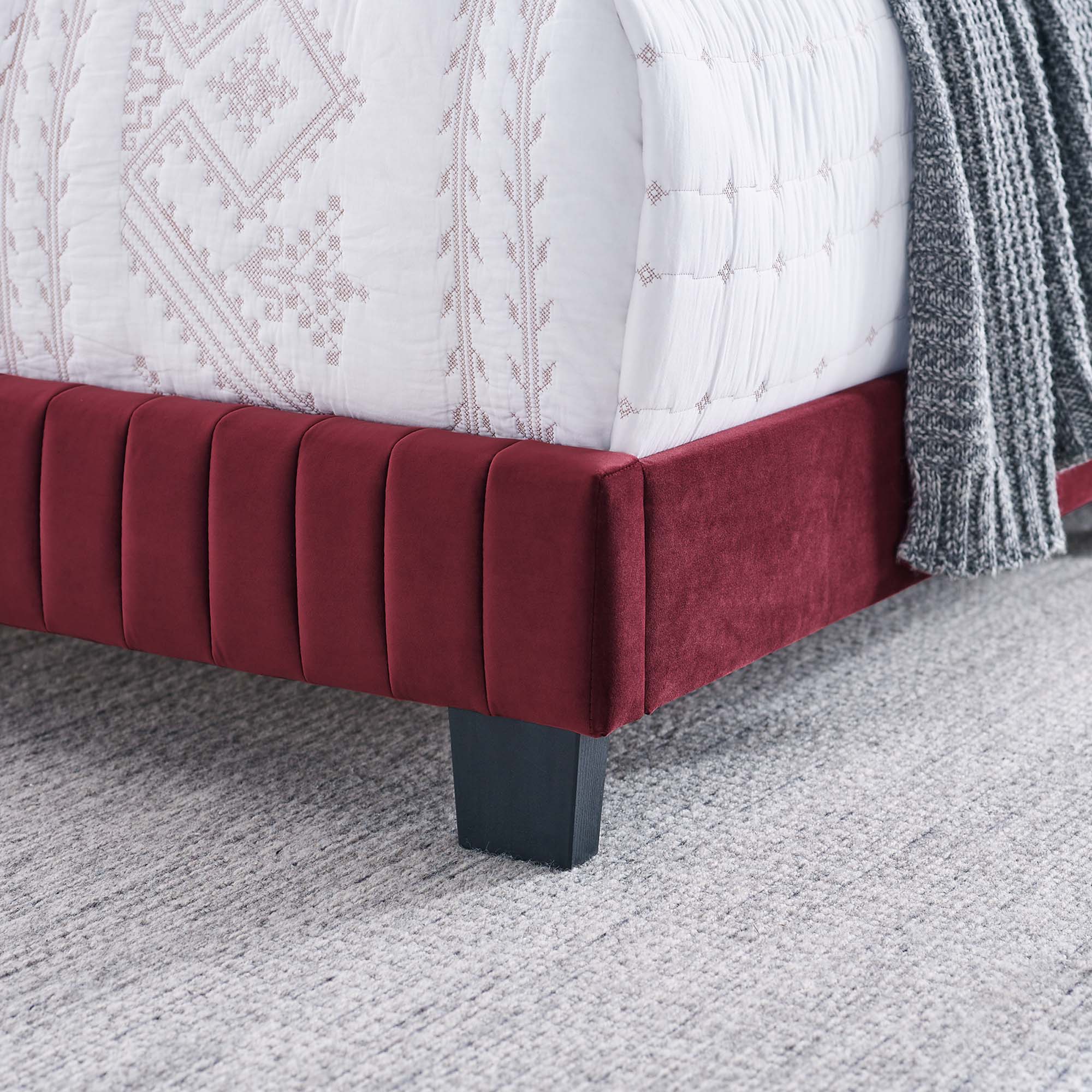 Peryn Twin Performance Velvet Platform Bed – Channel Tufted Maroon Headboard