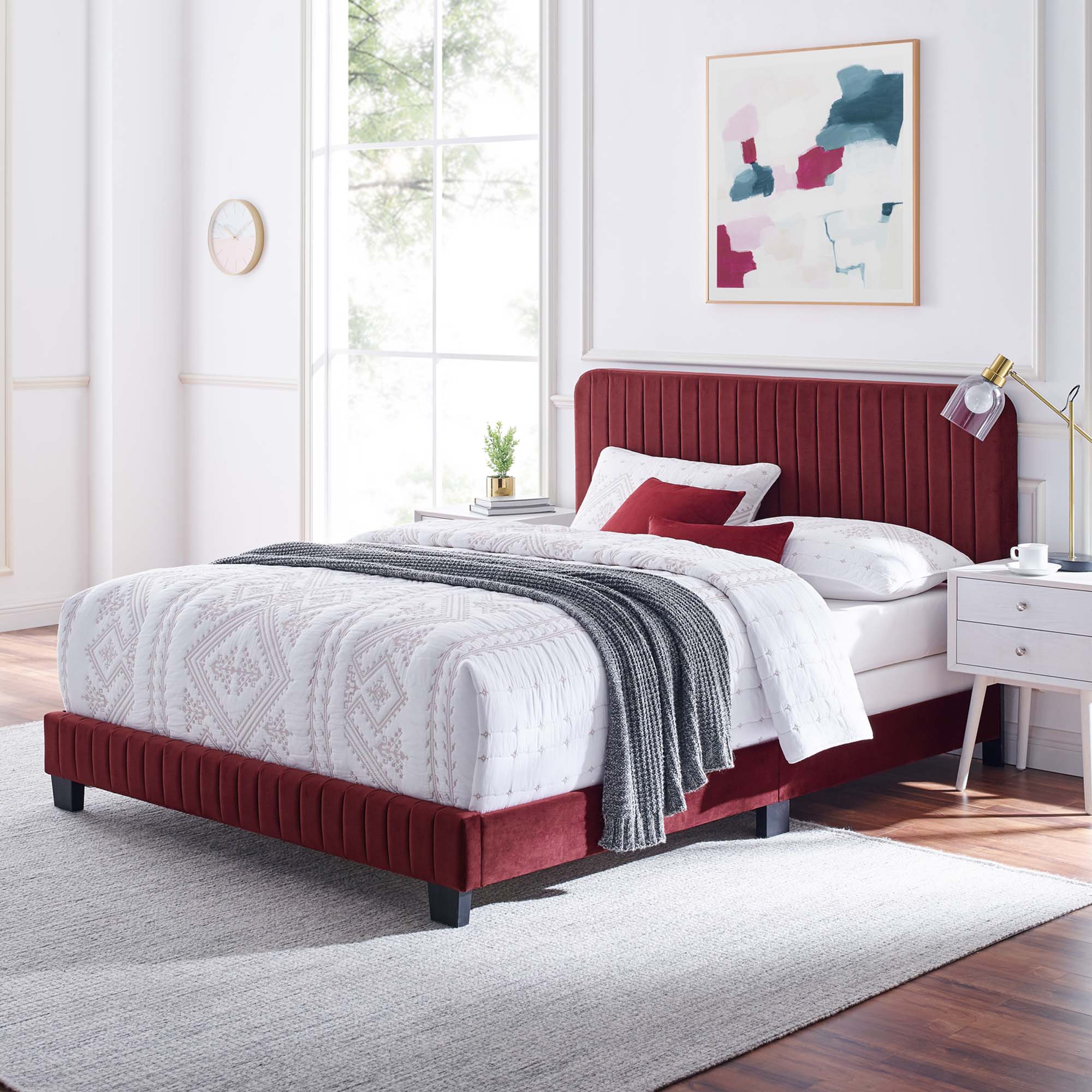 Peryn Twin Performance Velvet Platform Bed – Channel Tufted Maroon Headboard