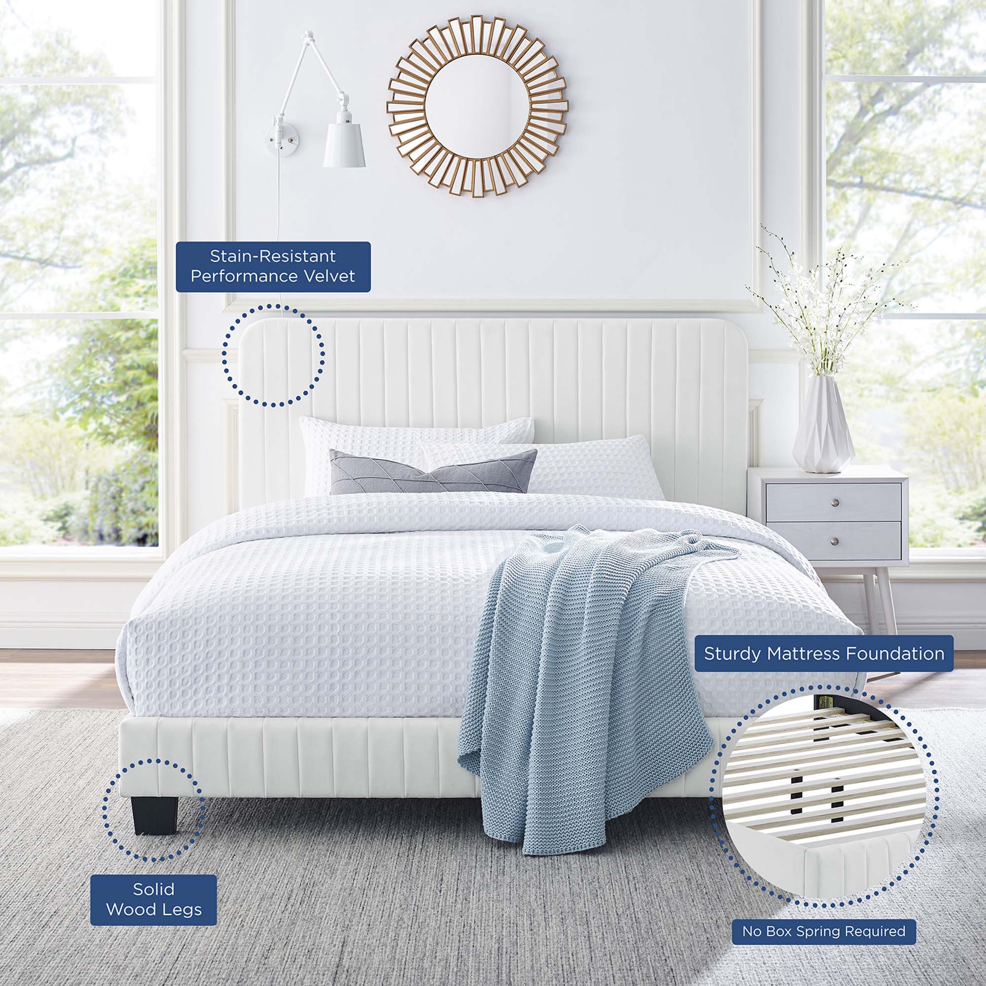 Ulmar King Channel Tufted Platform Bed White Performance Velvet Upholstery