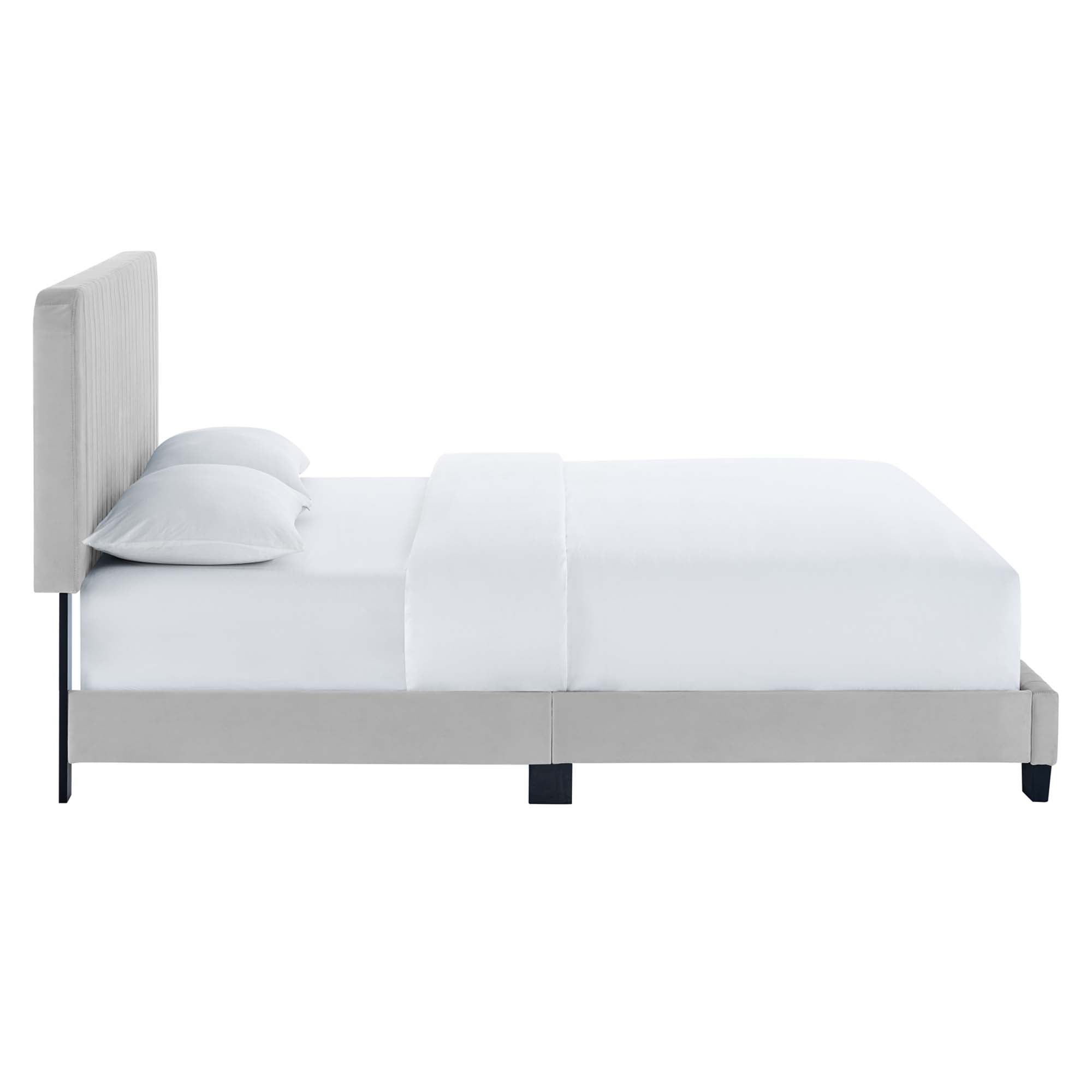 Celine Channel Tufted Performance Velvet Twin Platform Bed, Light Gray