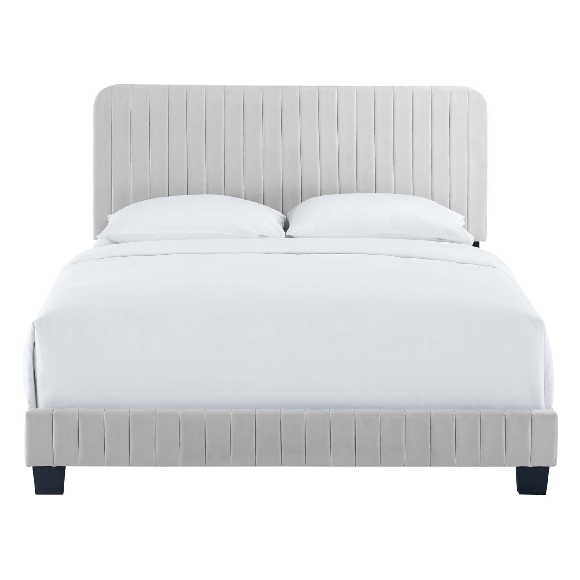Celine Channel Tufted Performance Velvet Twin Platform Bed, Light Gray