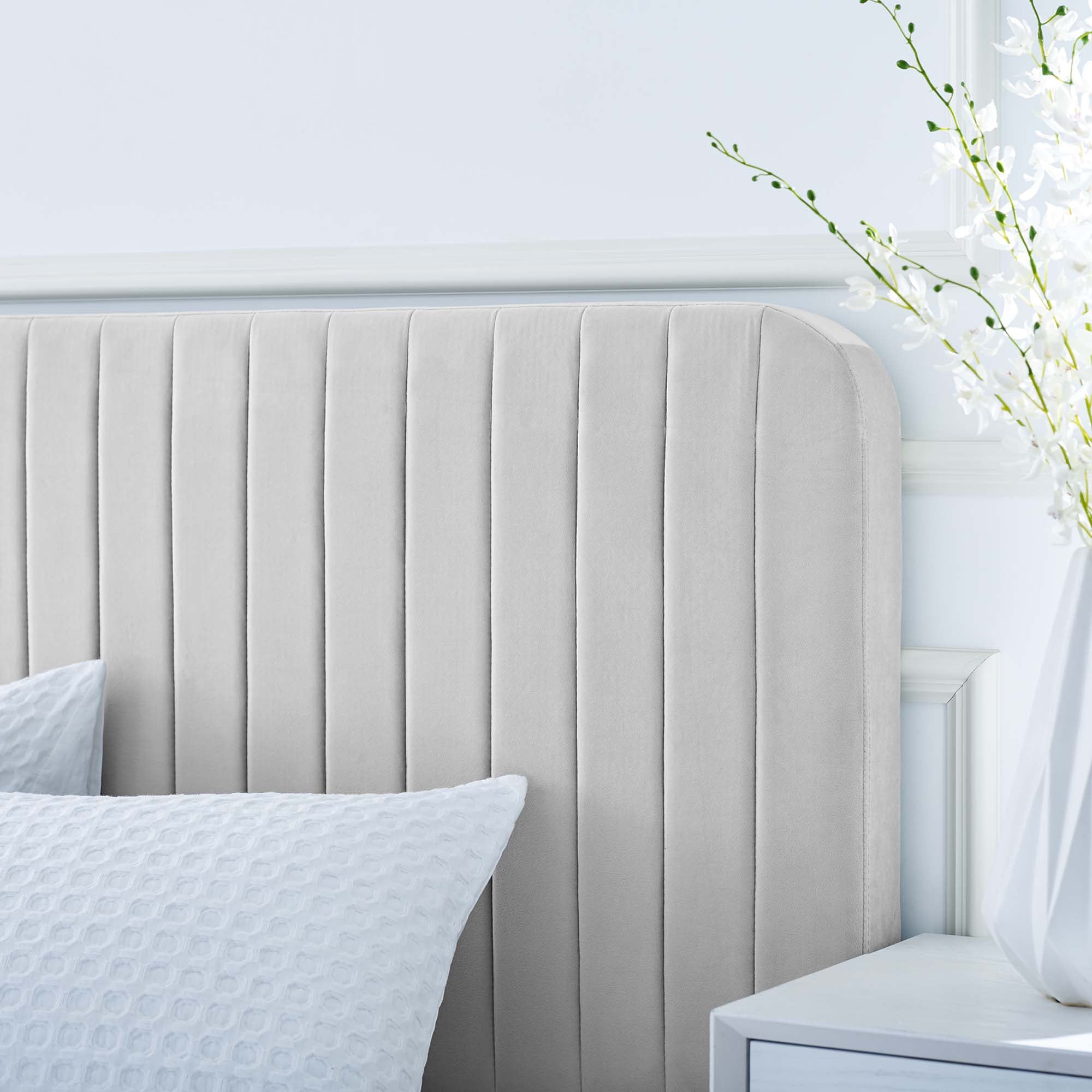 Celine Channel Tufted Performance Velvet Twin Platform Bed, Light Gray