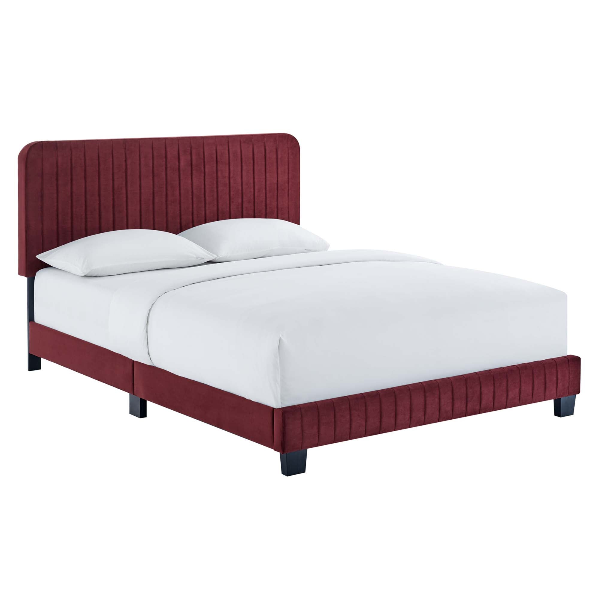 Teryn Maroon Twin Platform Bed – Channel Tufted Performance Velvet with Wood Slats