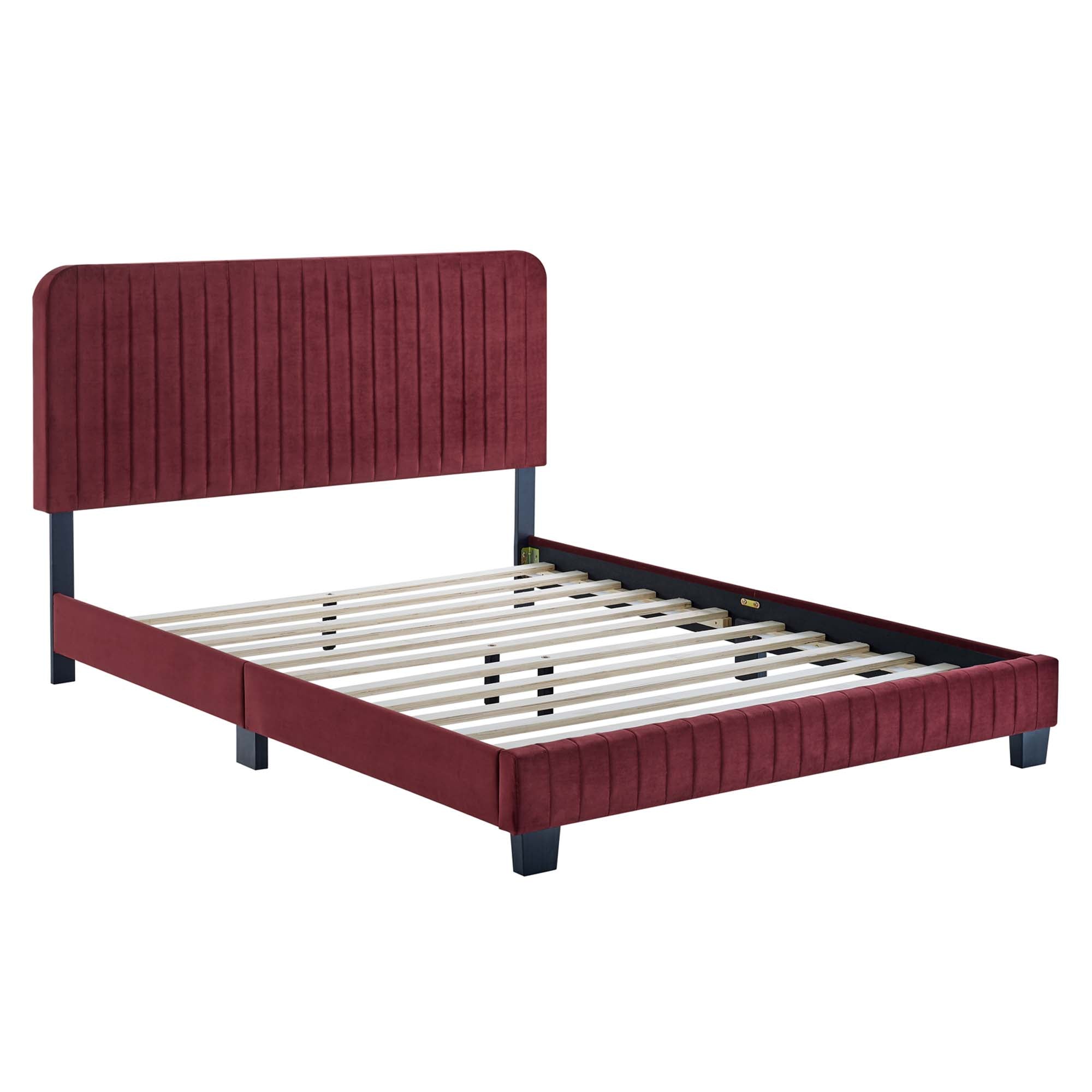 Teryn Maroon Twin Platform Bed – Channel Tufted Performance Velvet with Wood Slats
