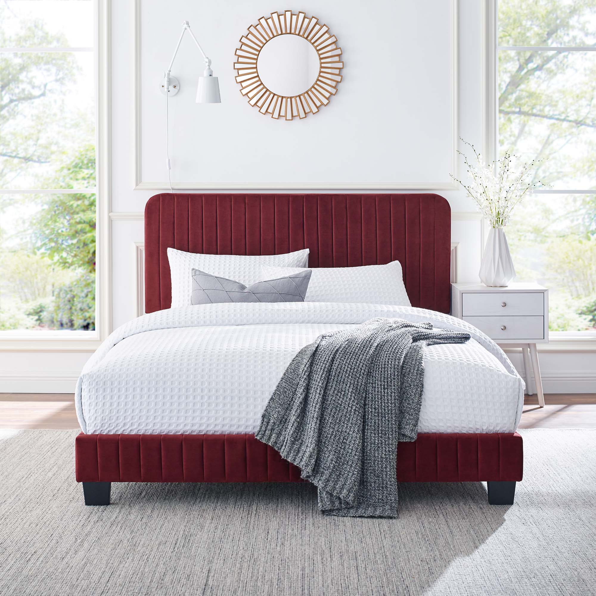 Teryn Maroon Twin Platform Bed – Channel Tufted Performance Velvet with Wood Slats