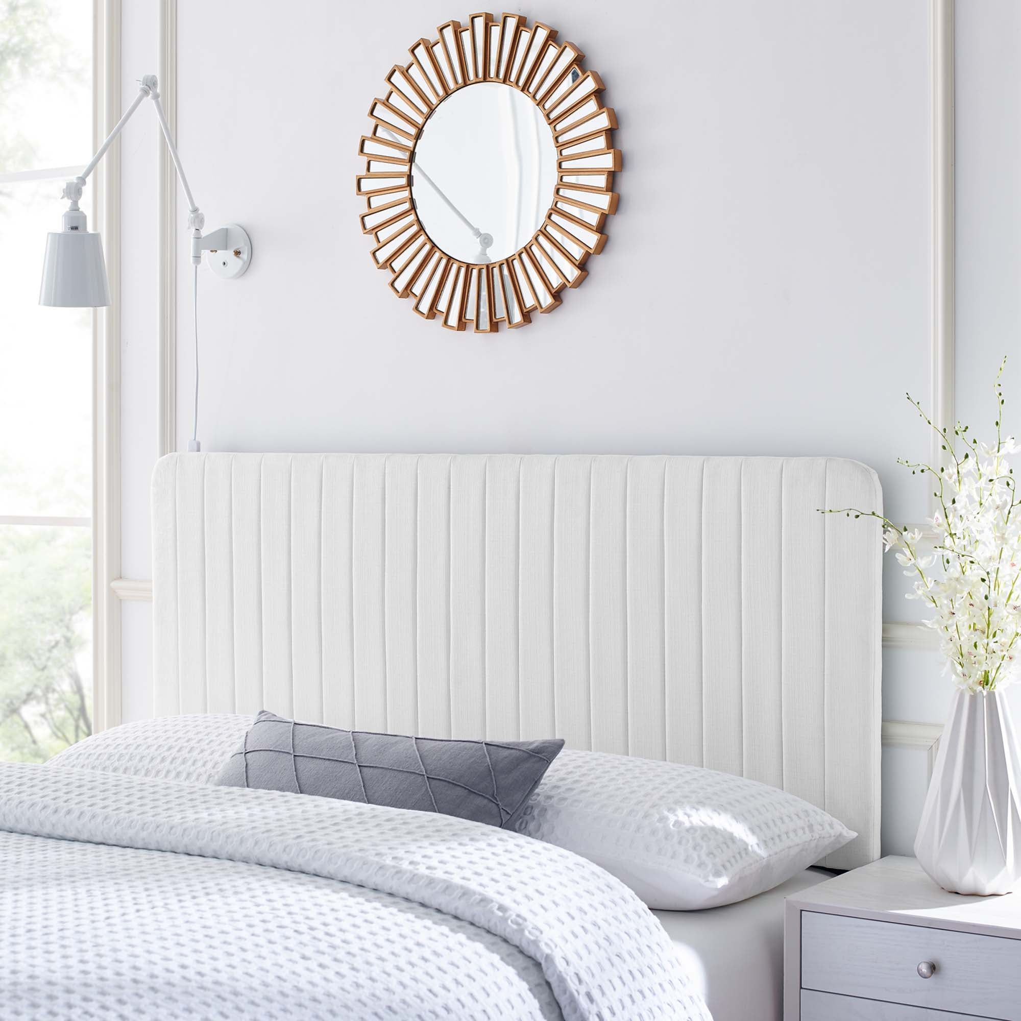 Milenna Channel Tufted Upholstered Fabric Full/Queen Headboard, White