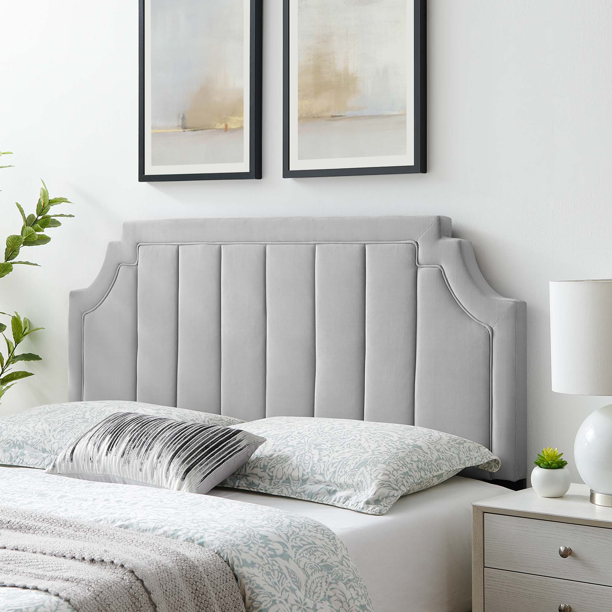 Alyona Channel Tufted Performance Velvet Twin Headboard, Light Gray