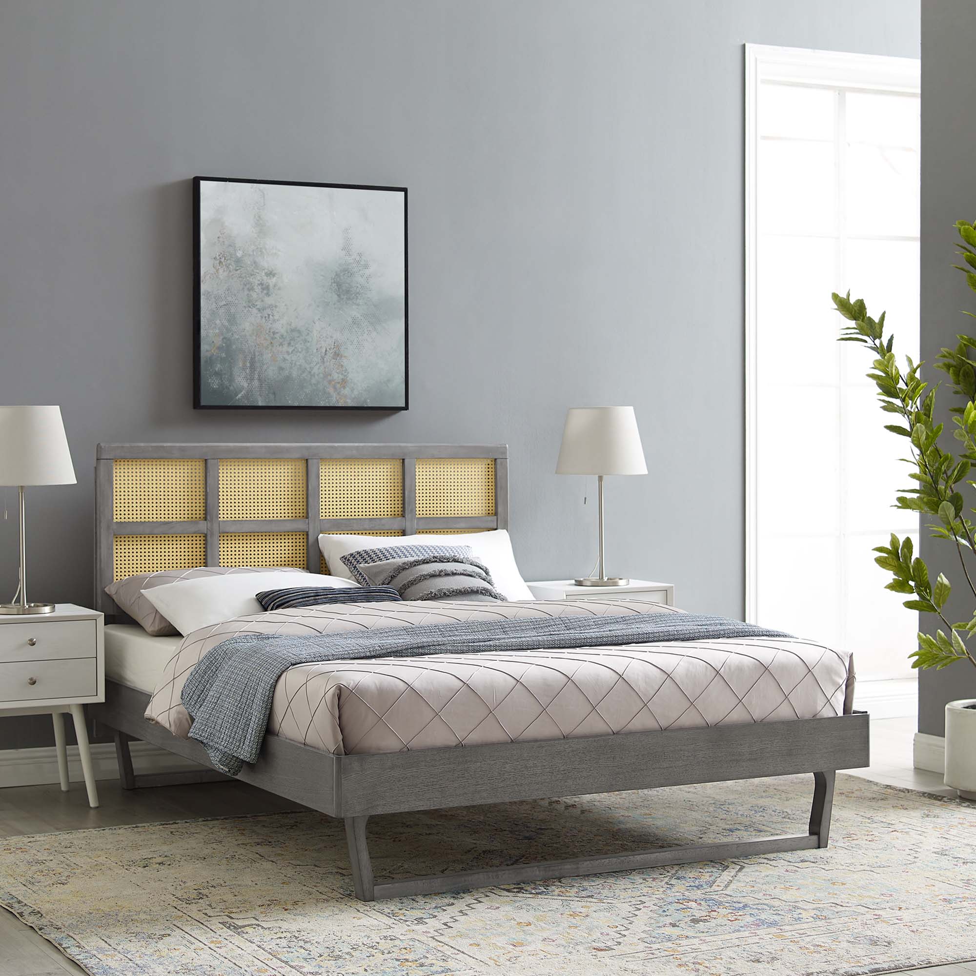 Sidney Cane and Wood Queen Platform Bed With Angular Legs, Gray