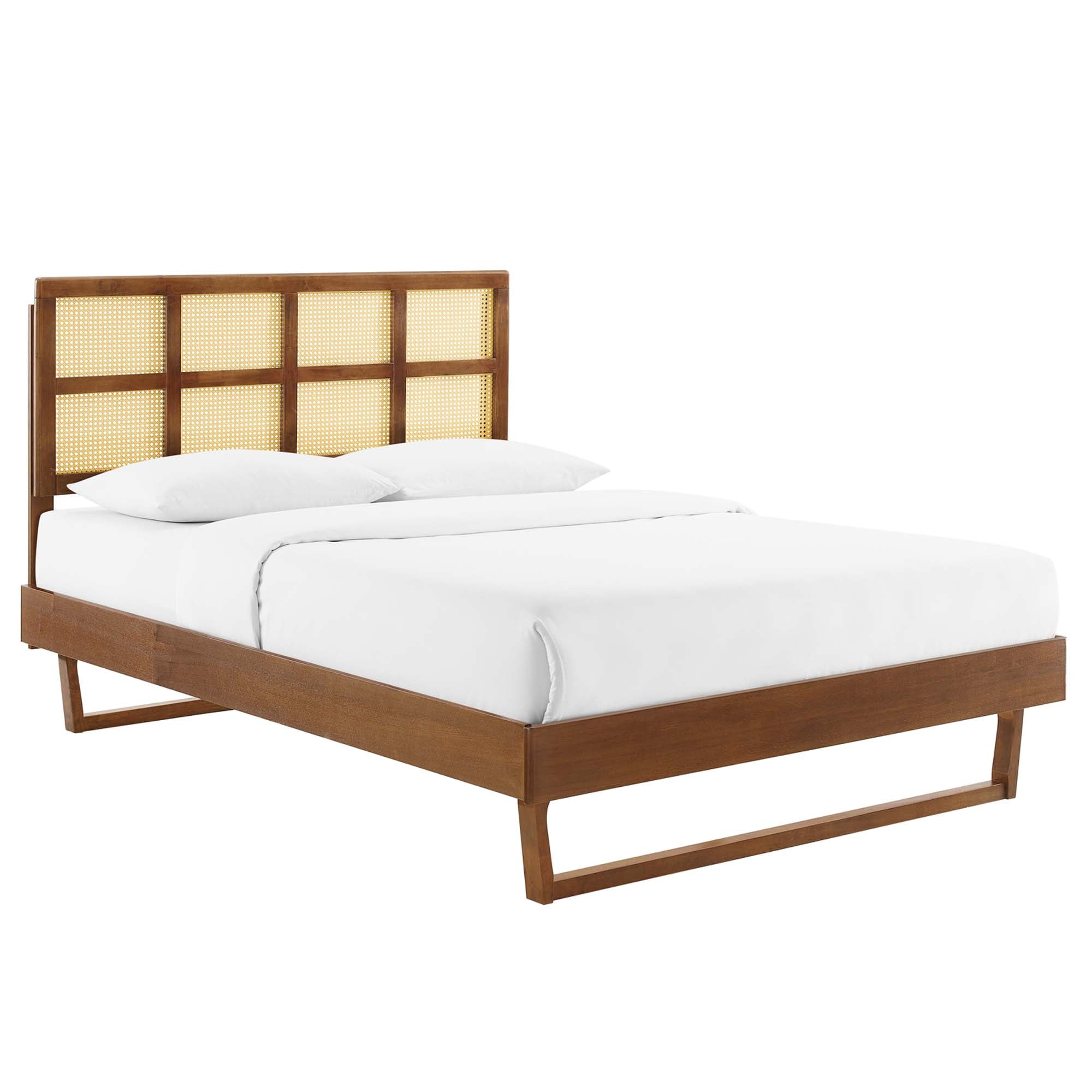 Pallis Queen Rubberwood Platform Bed – Modern Cane Headboard