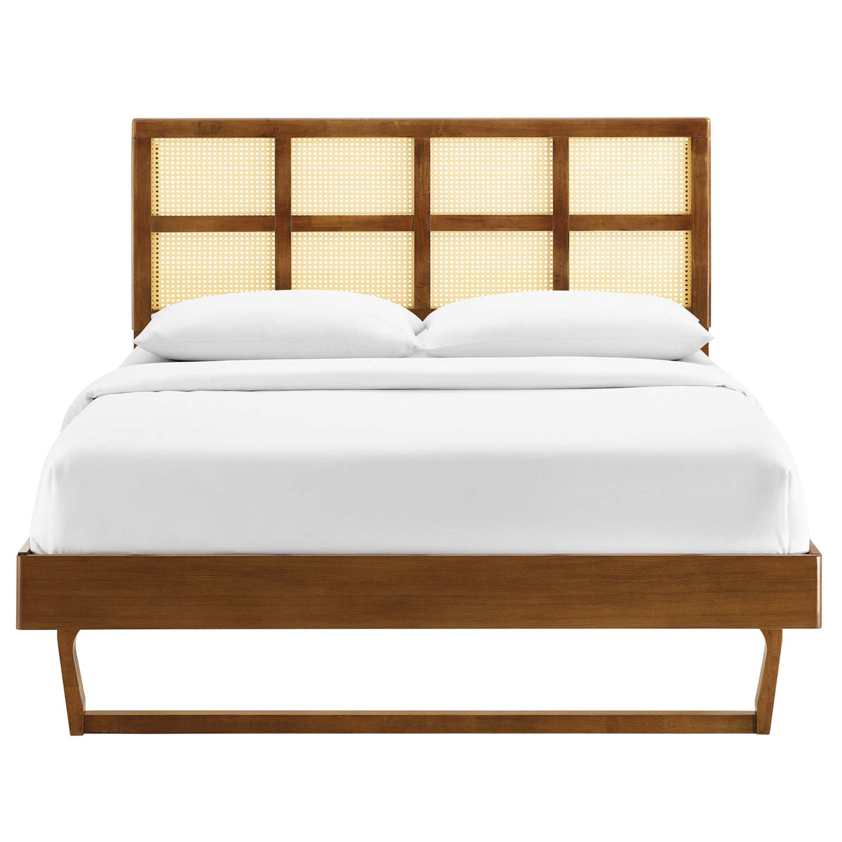 Pallis Queen Rubberwood Platform Bed – Modern Cane Headboard