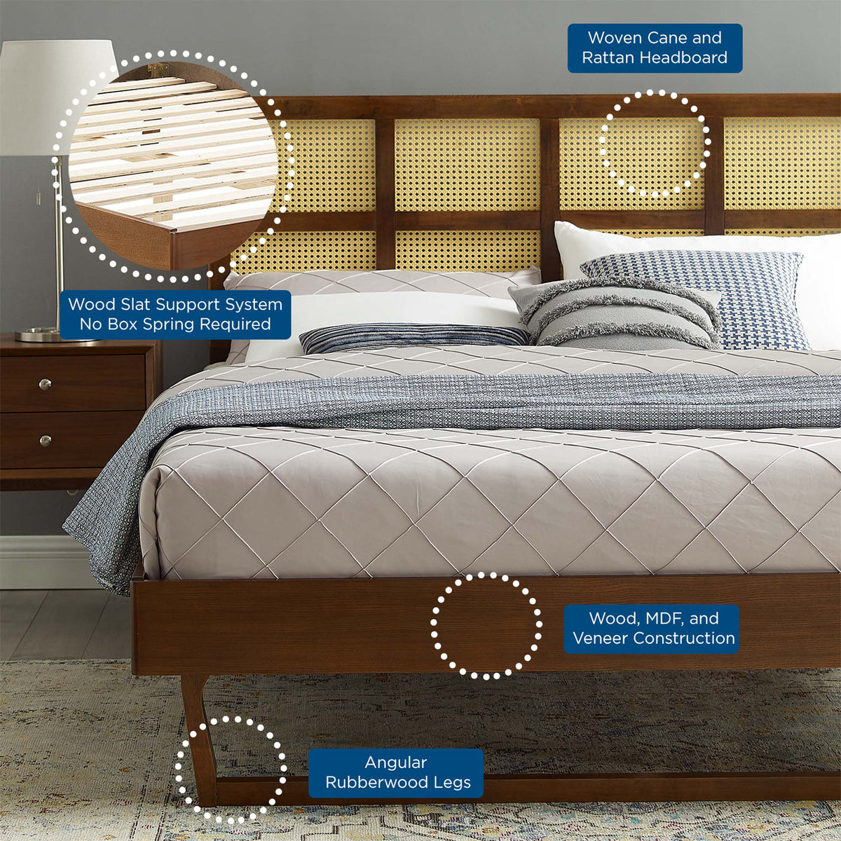 Pallis Queen Rubberwood Platform Bed – Modern Cane Headboard