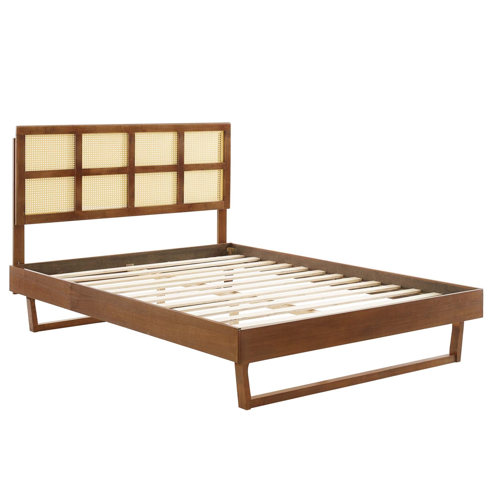 Full Walnut Quimby Cane Platform Bed – Retro Modern Design with Angular Support Legs
