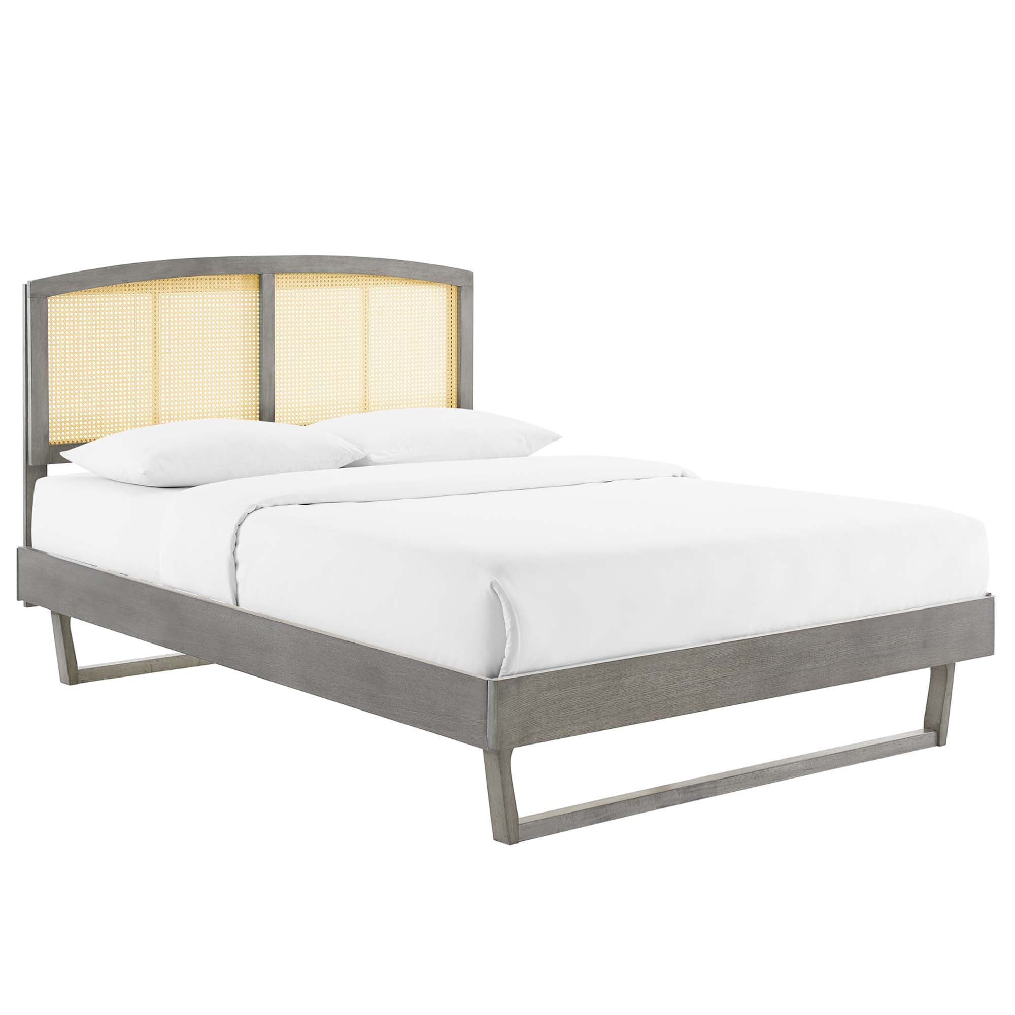 Xyric Queen Walnut Platform Bed Frame – Rattan Cane Headboard with Angular Legs