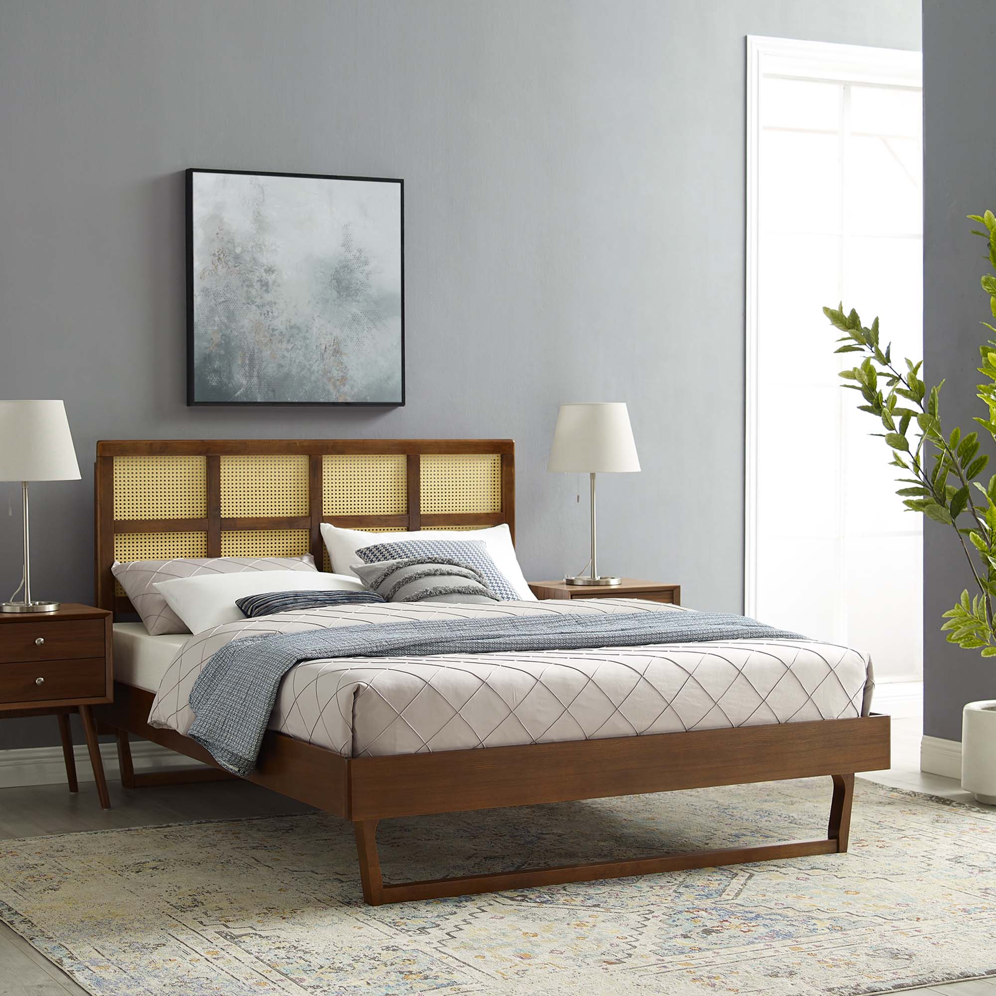 Oryn King Wood Platform Bed with Cane Headboard - Angular Rubberwood Legs