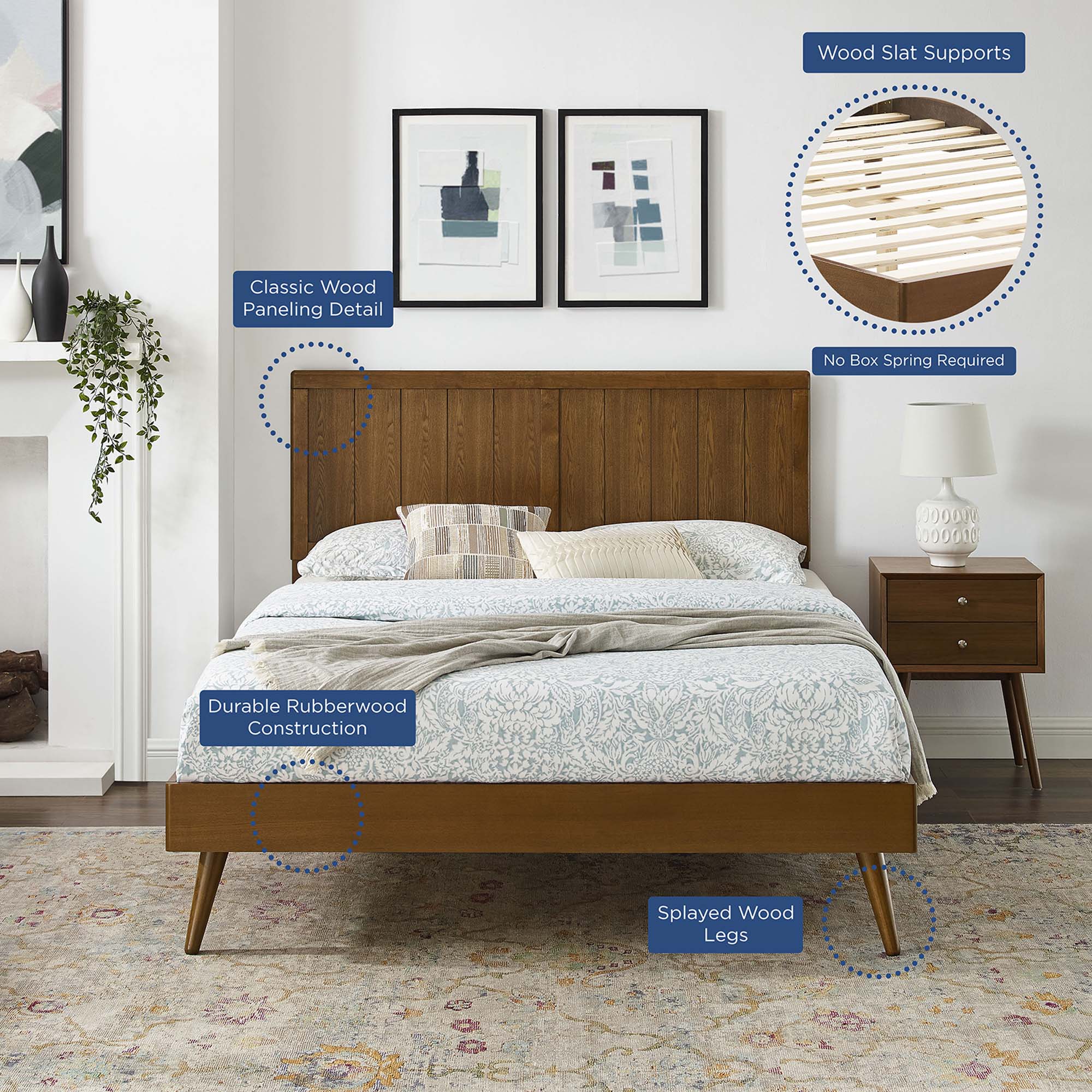 Vasco Alana Queen Walnut Wood Platform Bed – Mid-Century Style with Splayed Legs