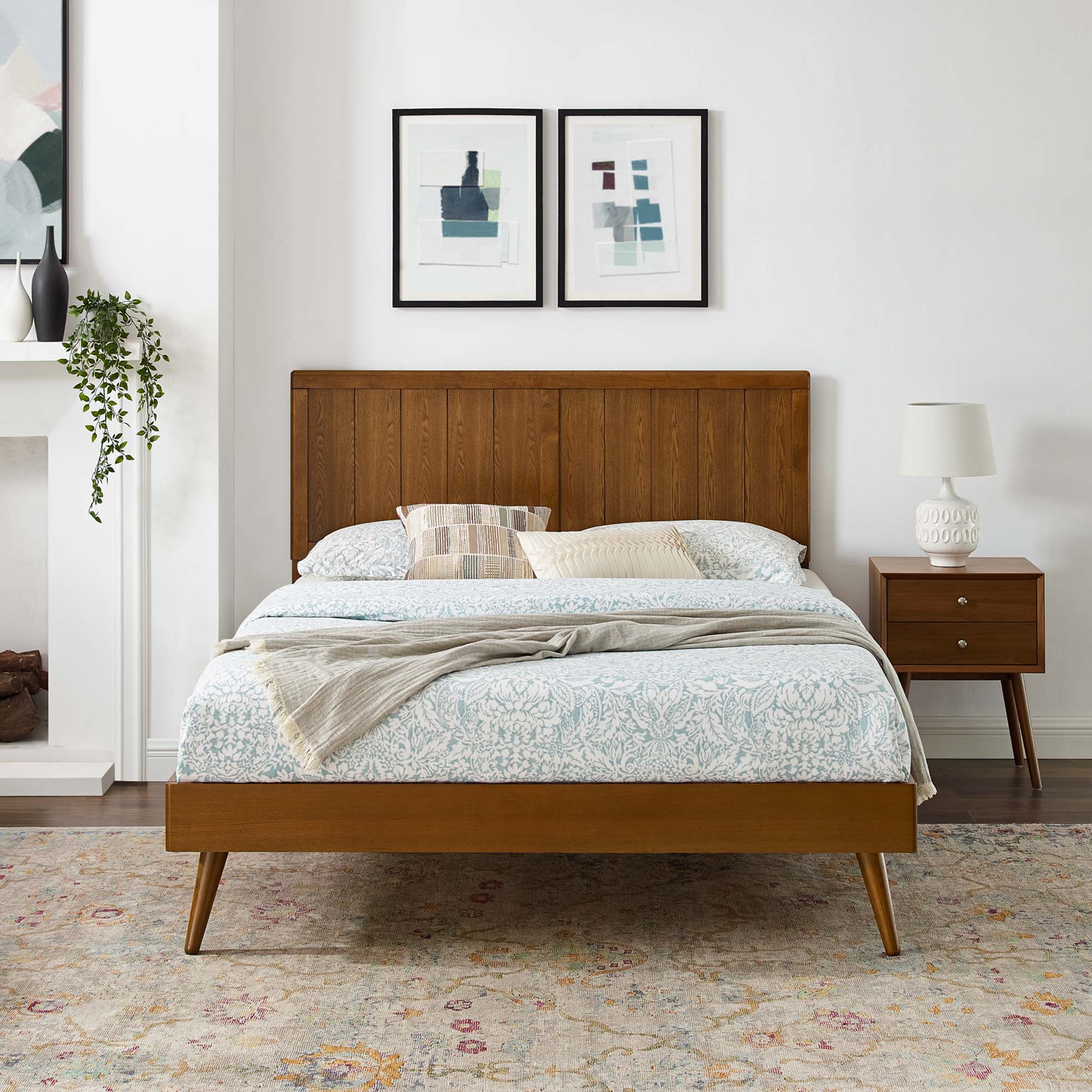 Vasco Alana Queen Walnut Wood Platform Bed – Mid-Century Style with Splayed Legs