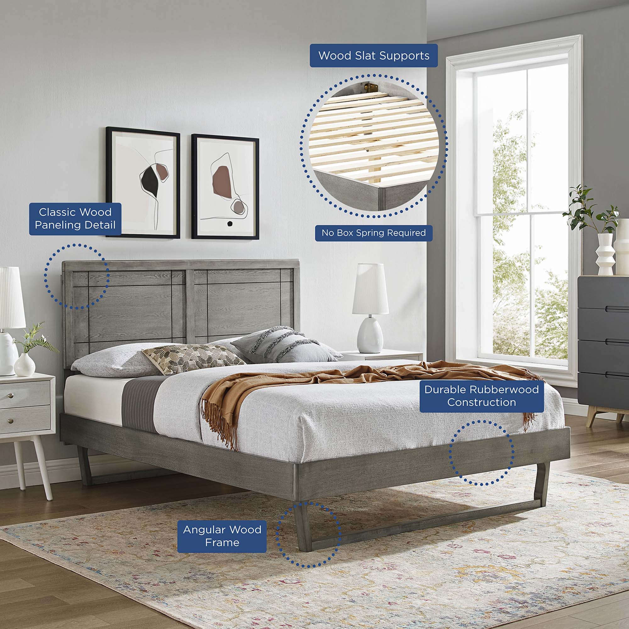 Baxley Queen Wood Platform Bed Grey Window Pane Headboard Design