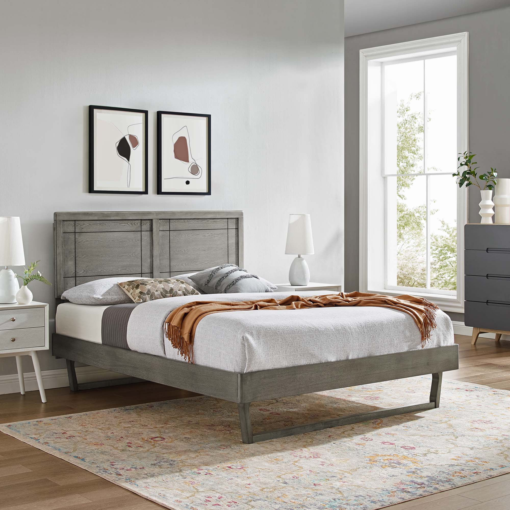 Baxley Queen Wood Platform Bed Grey Window Pane Headboard Design