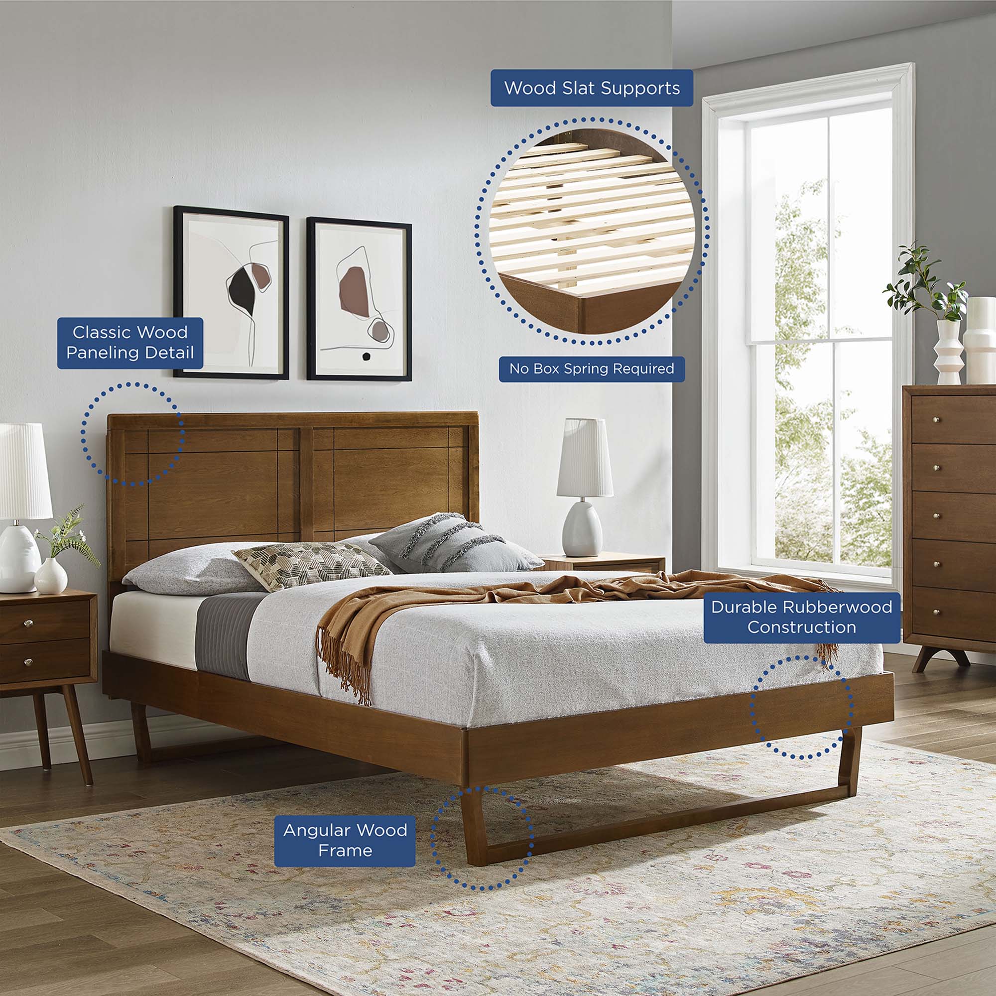 Marlee Wood Queen Platform Bed With Angular Frame, Walnut