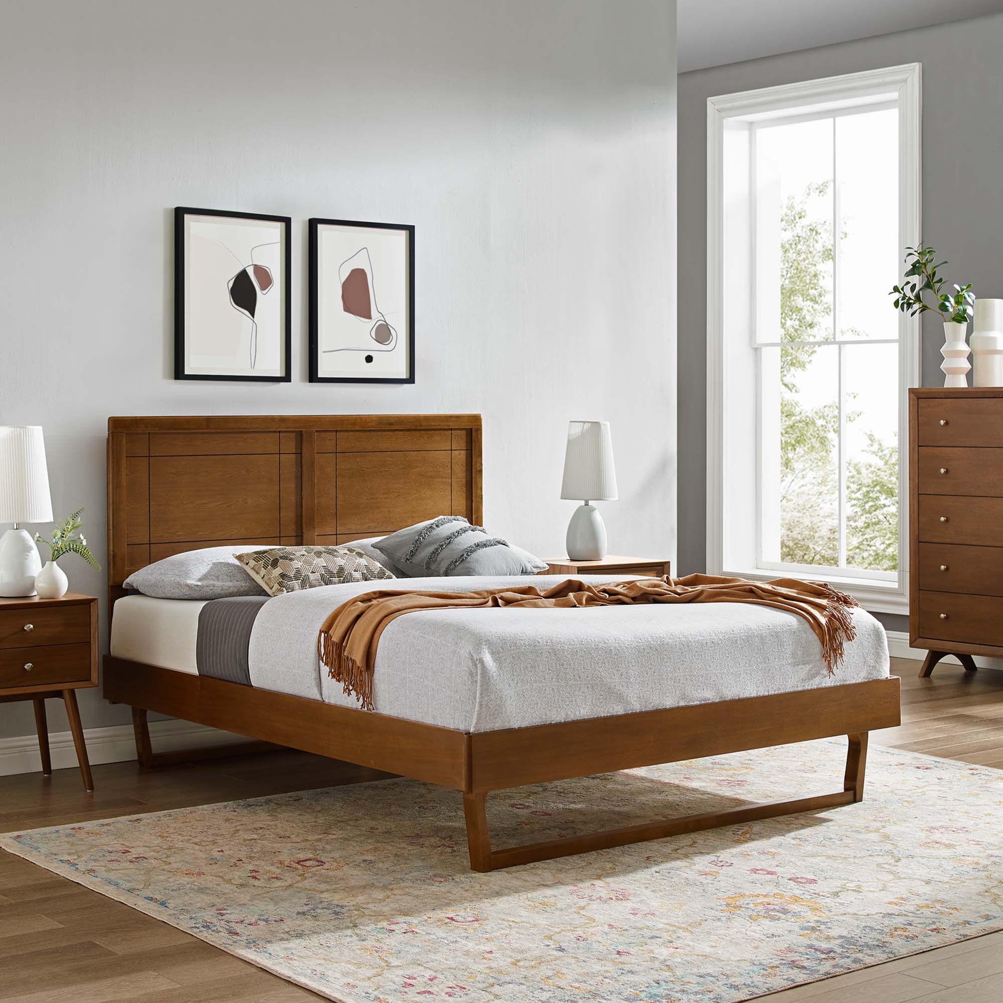 Marlee Wood Queen Platform Bed With Angular Frame, Walnut