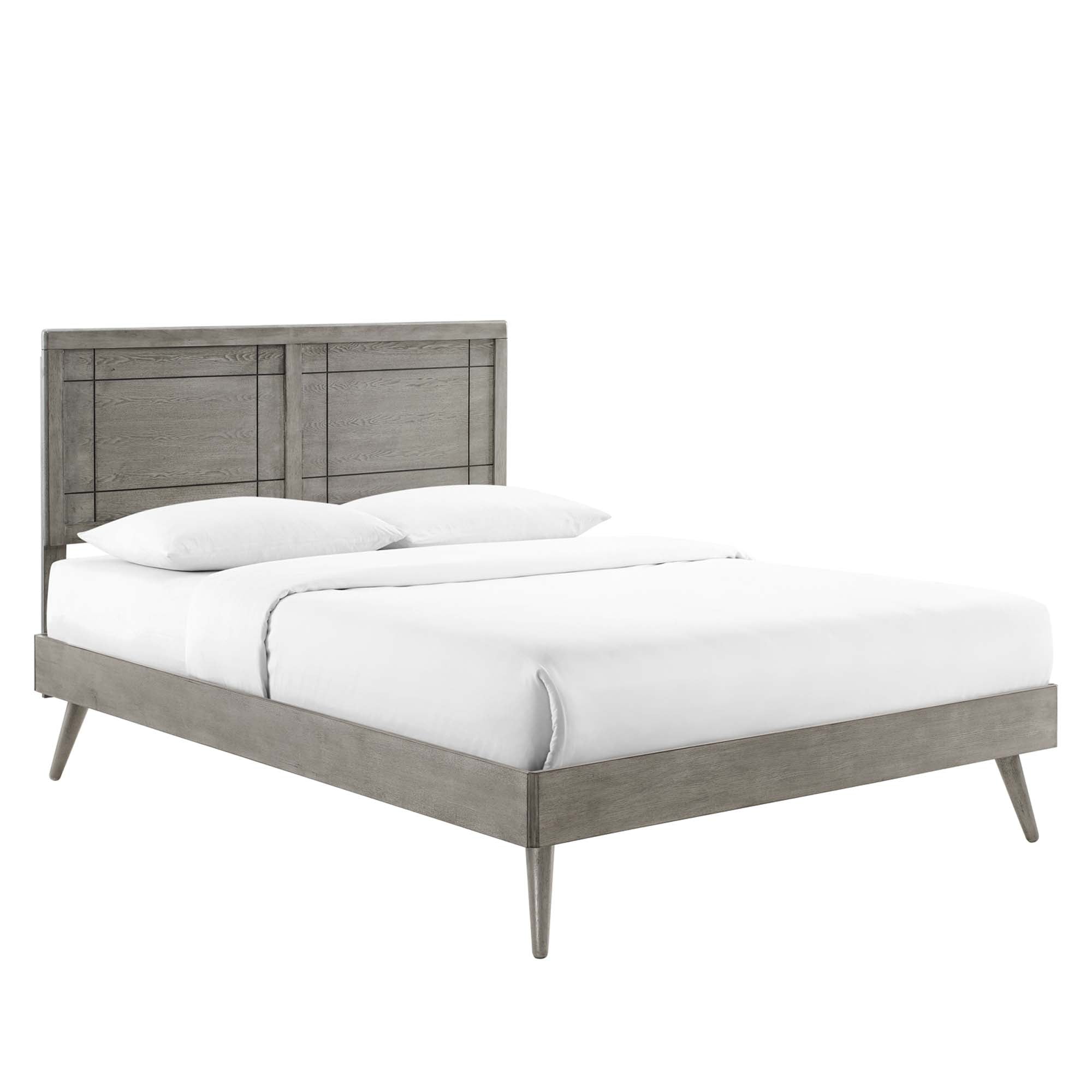 Privy Grey Queen Wood Platform Bed – Mid-Century Modern with Splayed Legs
