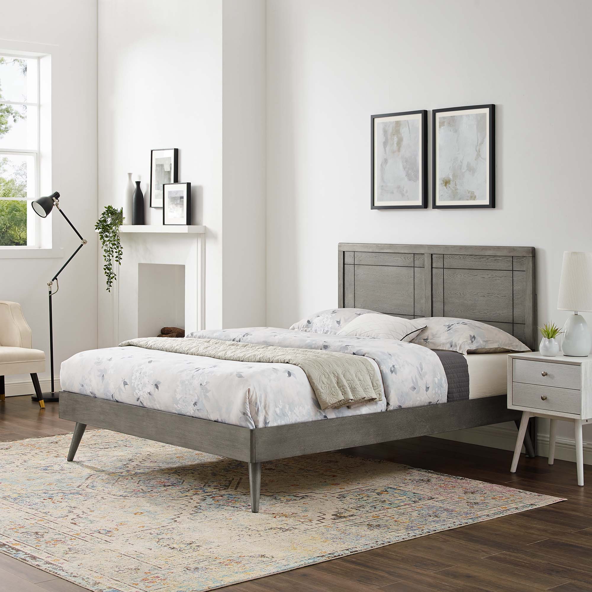 Privy Grey Queen Wood Platform Bed – Mid-Century Modern with Splayed Legs