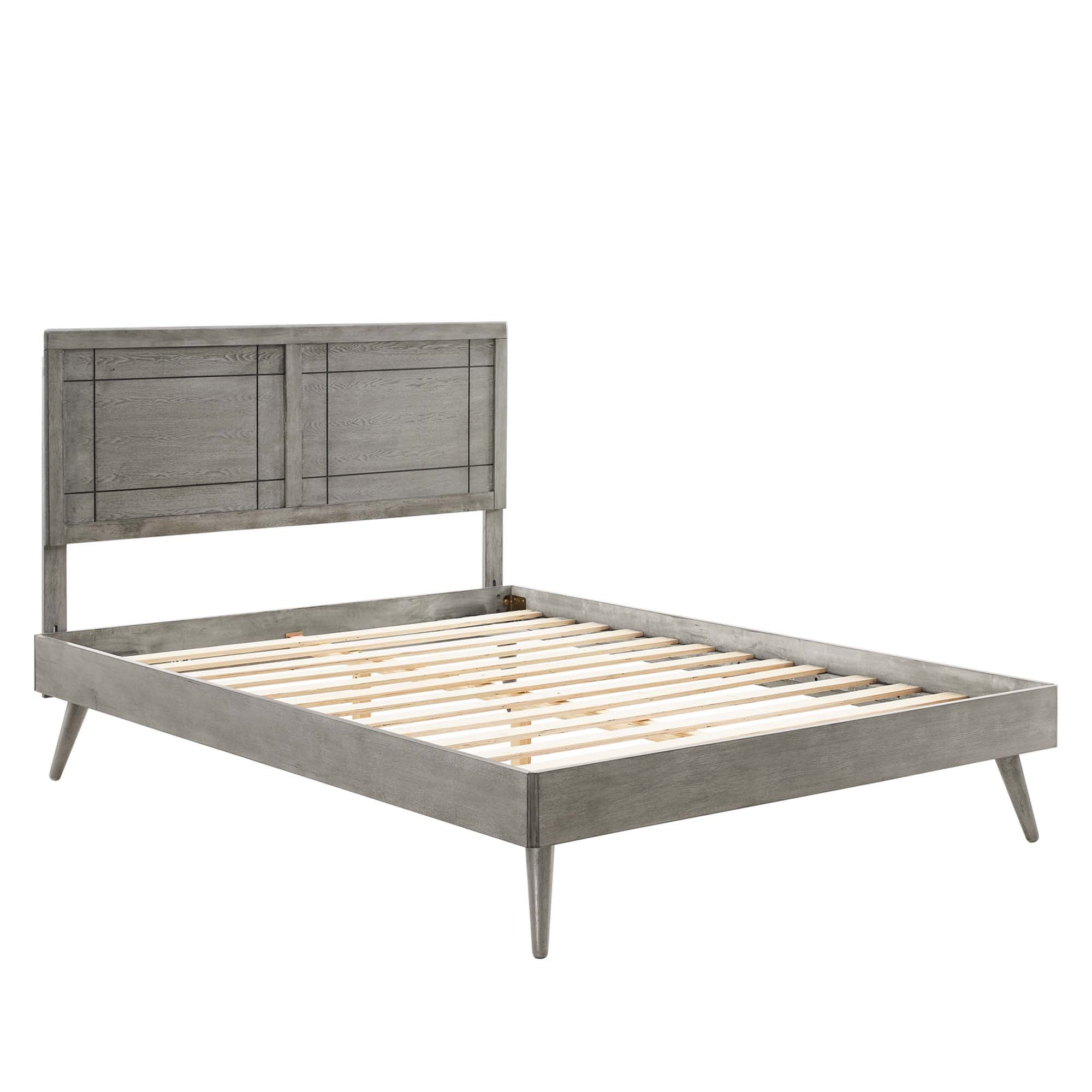 Privy Grey Queen Wood Platform Bed Mid-Century Modern with Splayed Legs