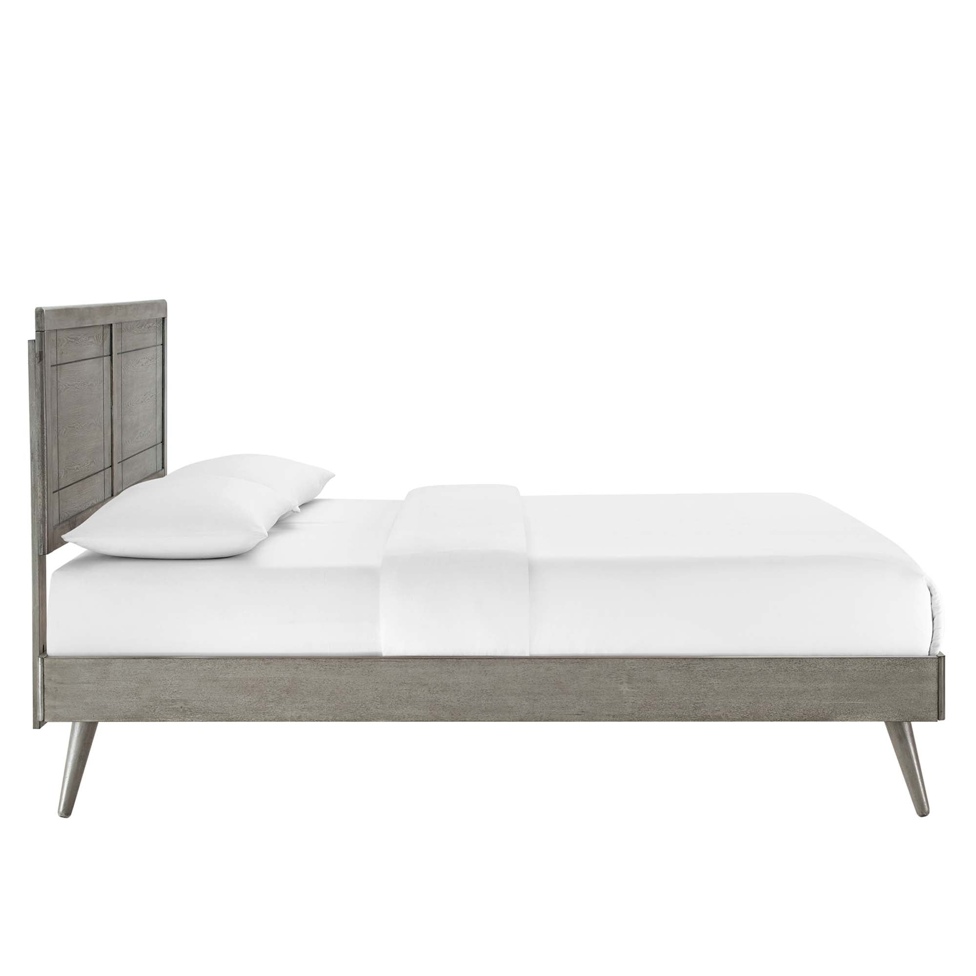 Privy Grey Queen Wood Platform Bed Mid-Century Modern with Splayed Legs
