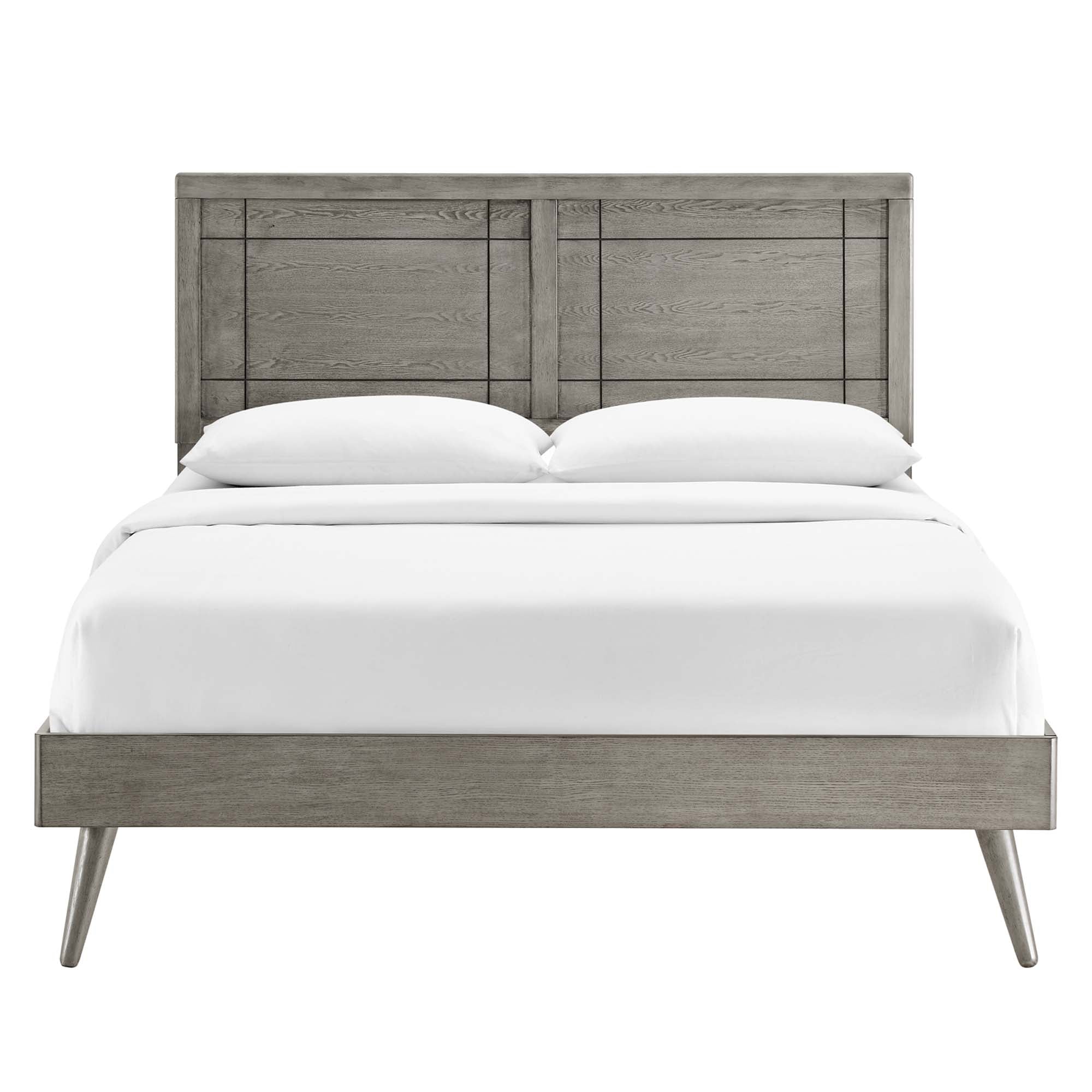 Privy Grey Queen Wood Platform Bed – Mid-Century Modern with Splayed Legs