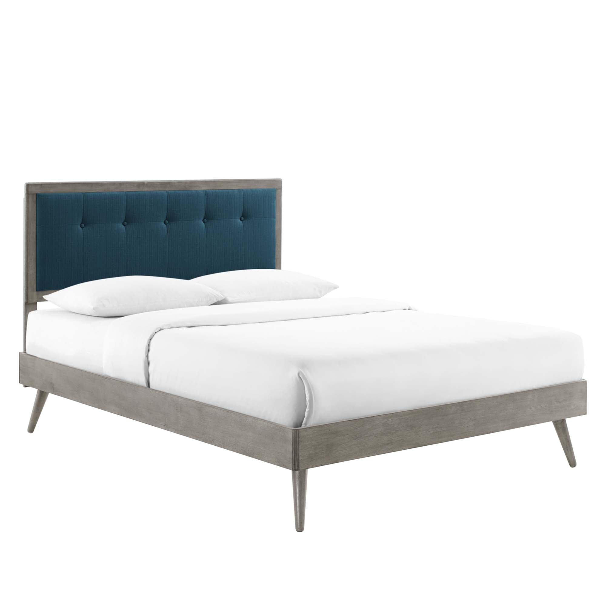 Vanora Queen Wood Platform Bed Frame – Grey Azure Tufted No Box Spring Required