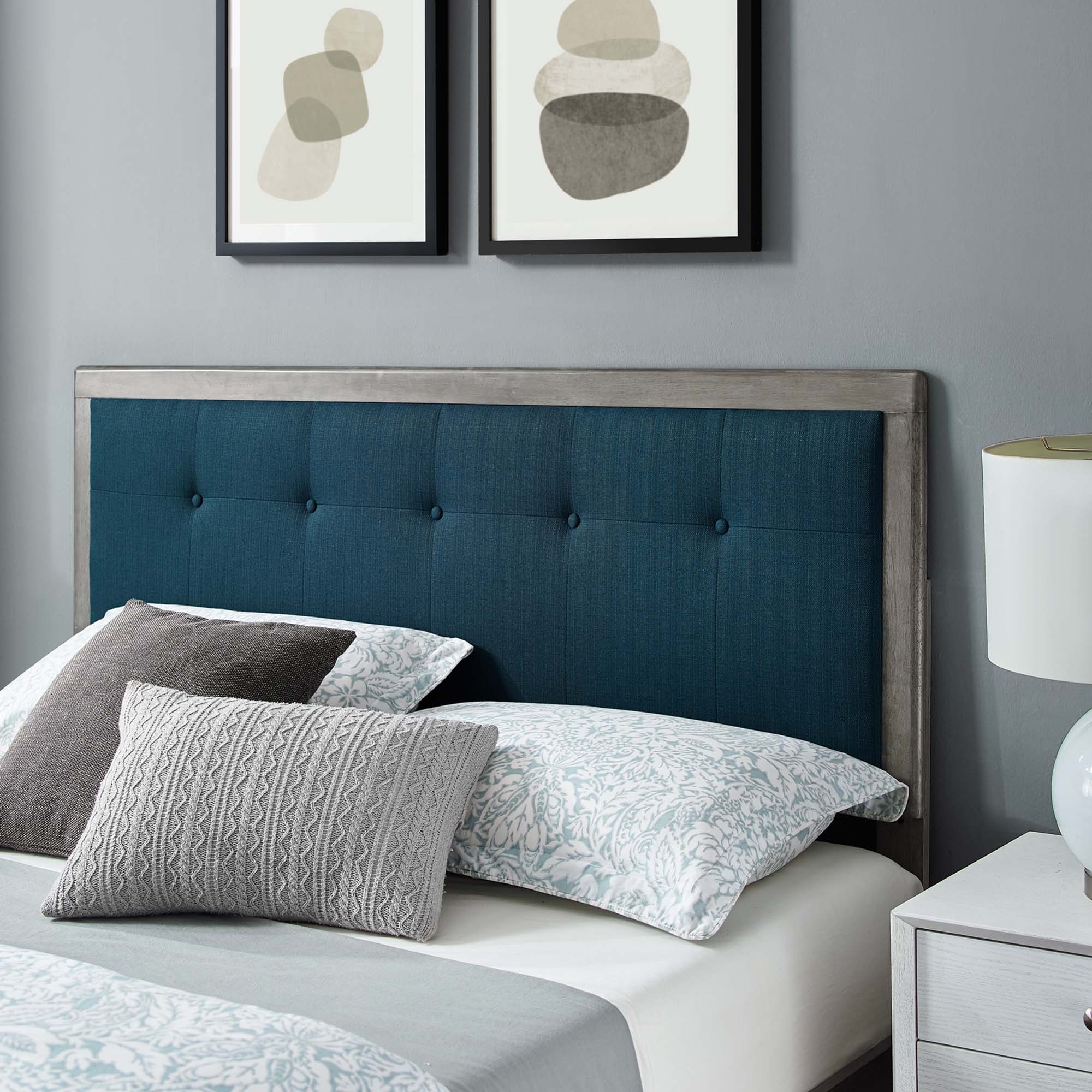 Vanora Queen Wood Platform Bed Frame – Grey Azure Tufted No Box Spring Required