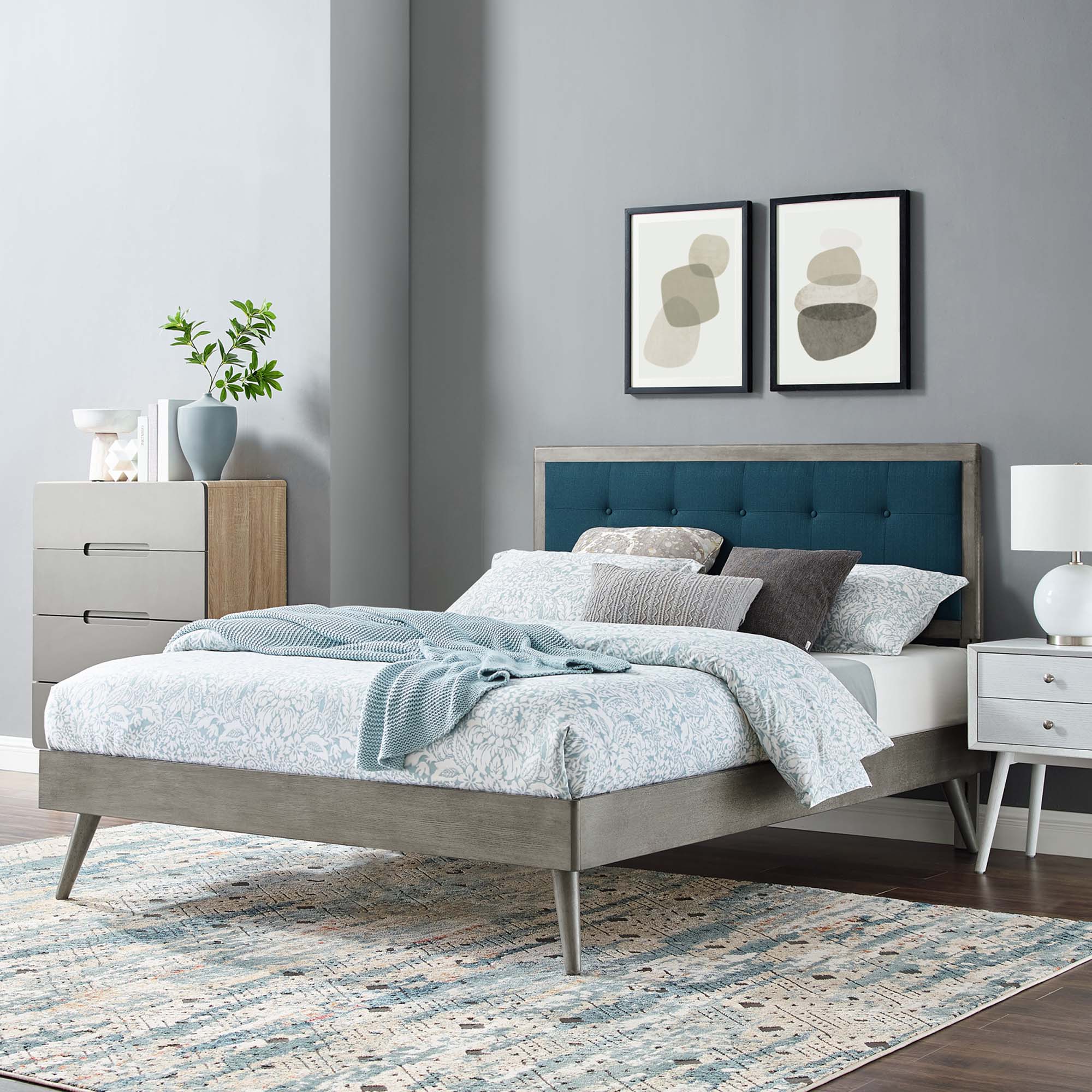Vanora Queen Wood Platform Bed Frame – Grey Azure Tufted No Box Spring Required