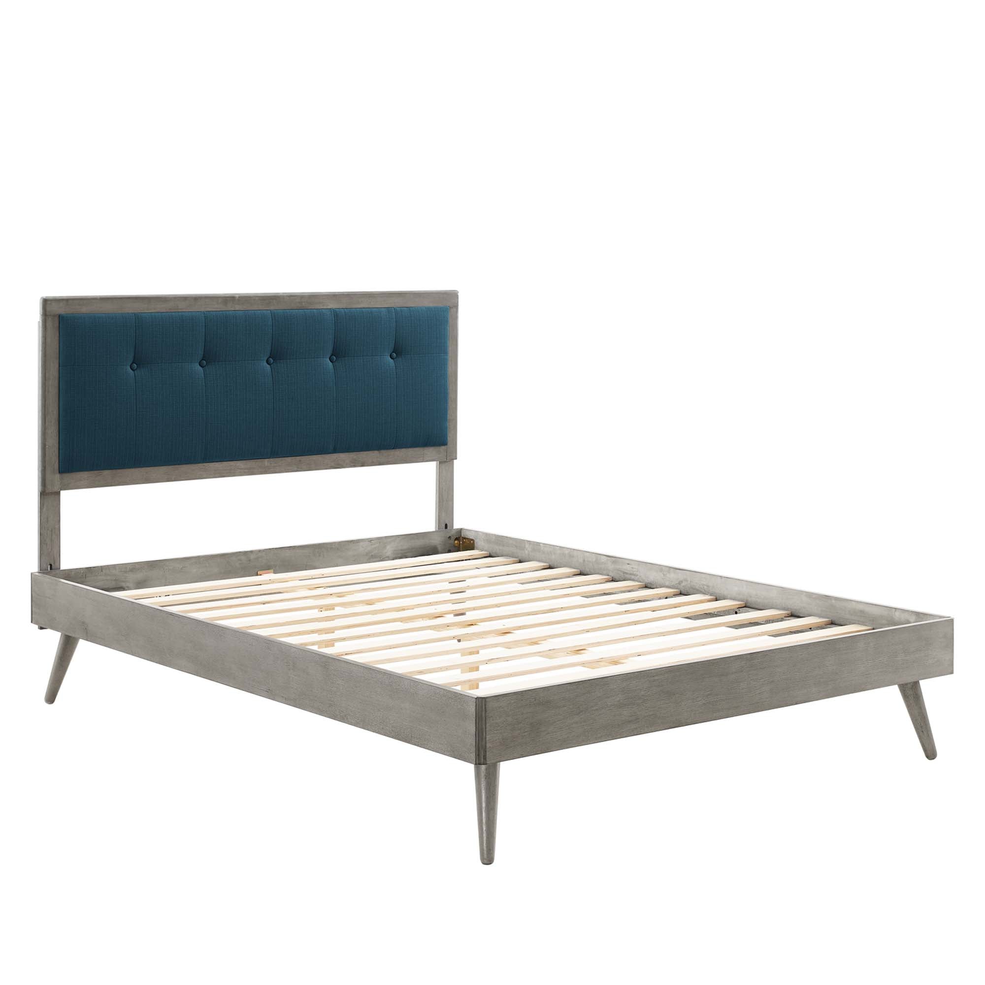 Vanora Queen Wood Platform Bed Frame – Grey Azure Tufted No Box Spring Required