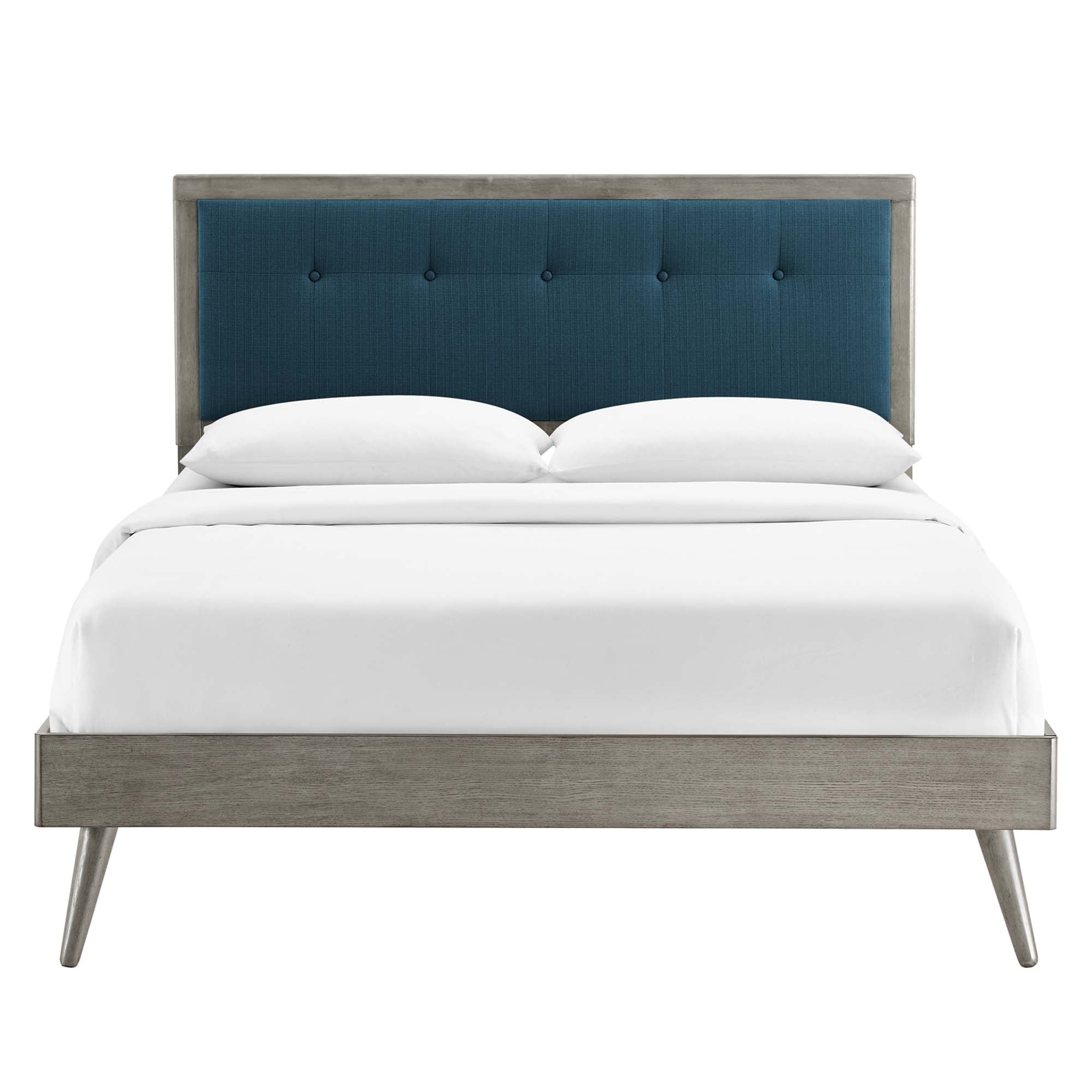Vanora Queen Wood Platform Bed Frame – Grey Azure Tufted No Box Spring Required