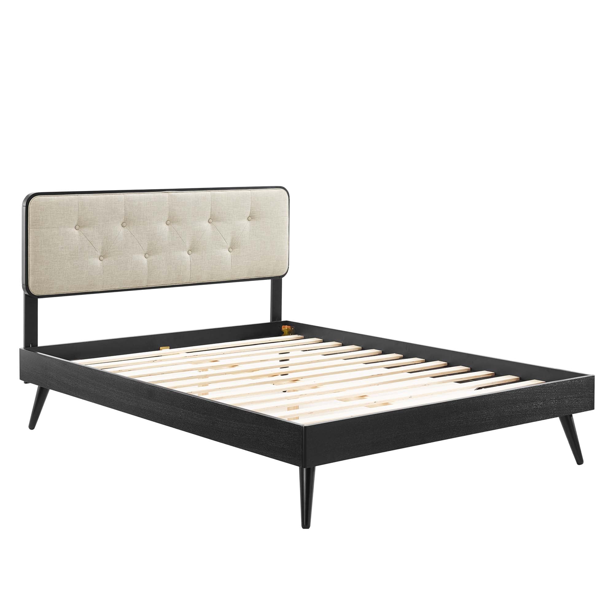 Bridgette Wood Queen Platform Bed With Splayed Legs, Black Beige