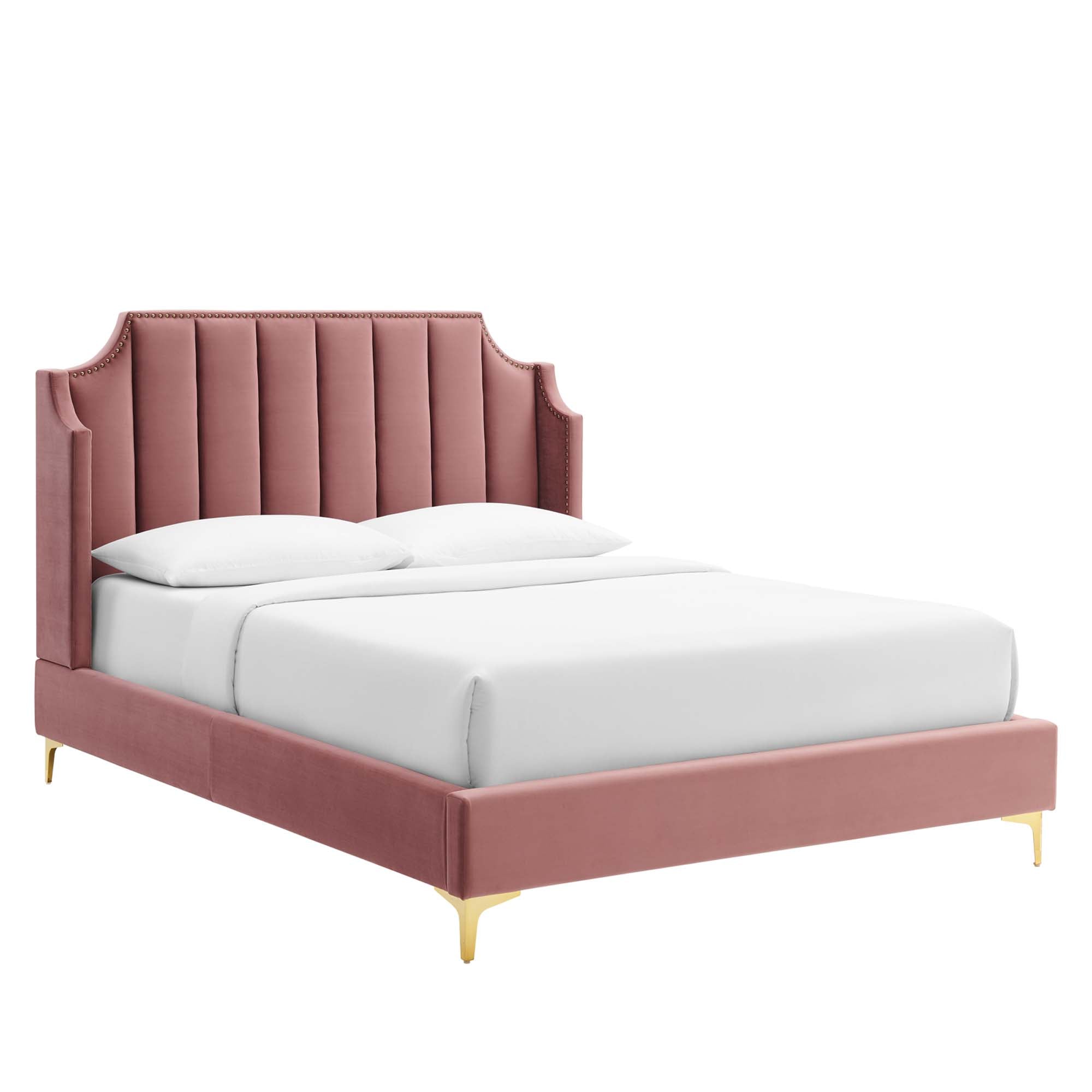 Gensho Performance Velvet Queen Platform Bed – White Wingback with Gold Metal Legs