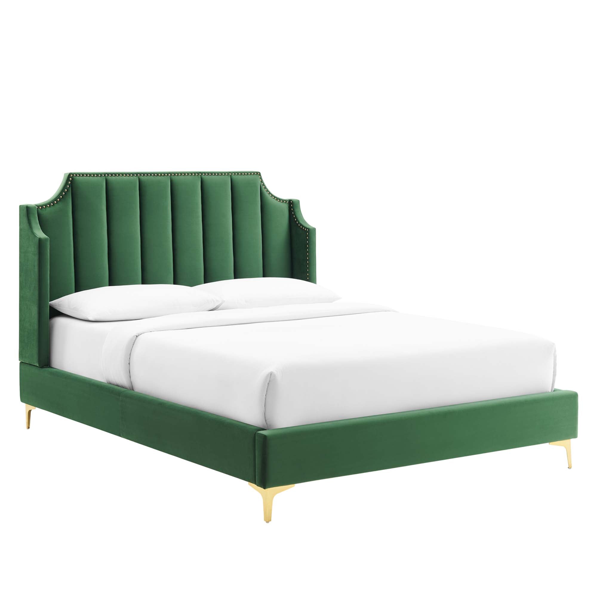 Gensho Performance Velvet Queen Platform Bed – White Wingback with Gold Metal Legs