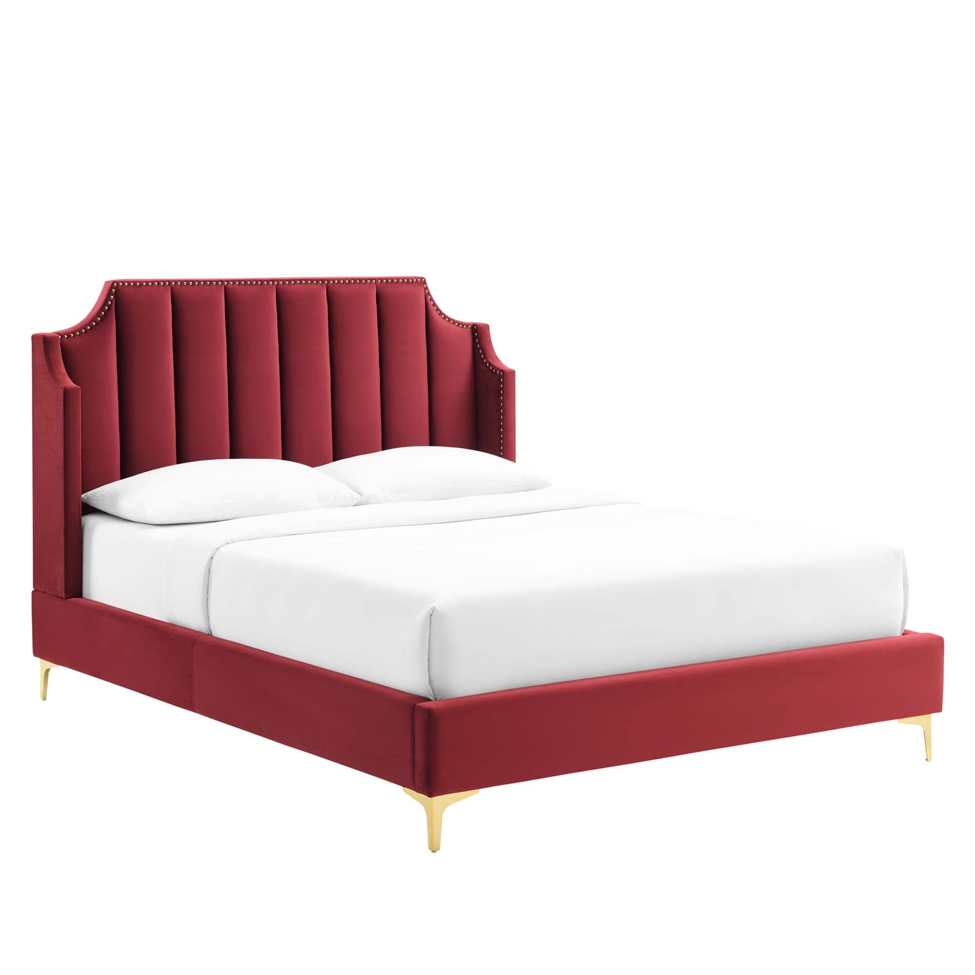 Gensho Performance Velvet Queen Platform Bed – White Wingback with Gold Metal Legs