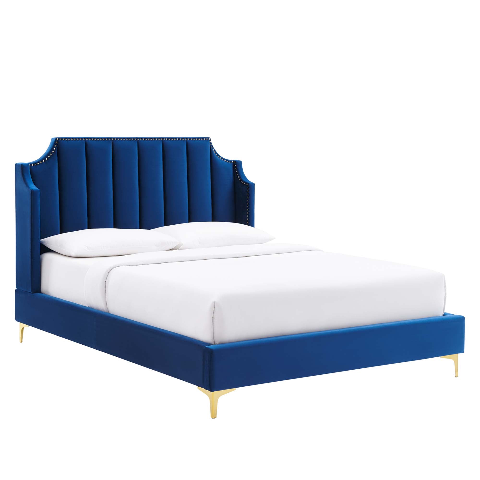 Gensho Performance Velvet Queen Platform Bed – White Wingback with Gold Metal Legs