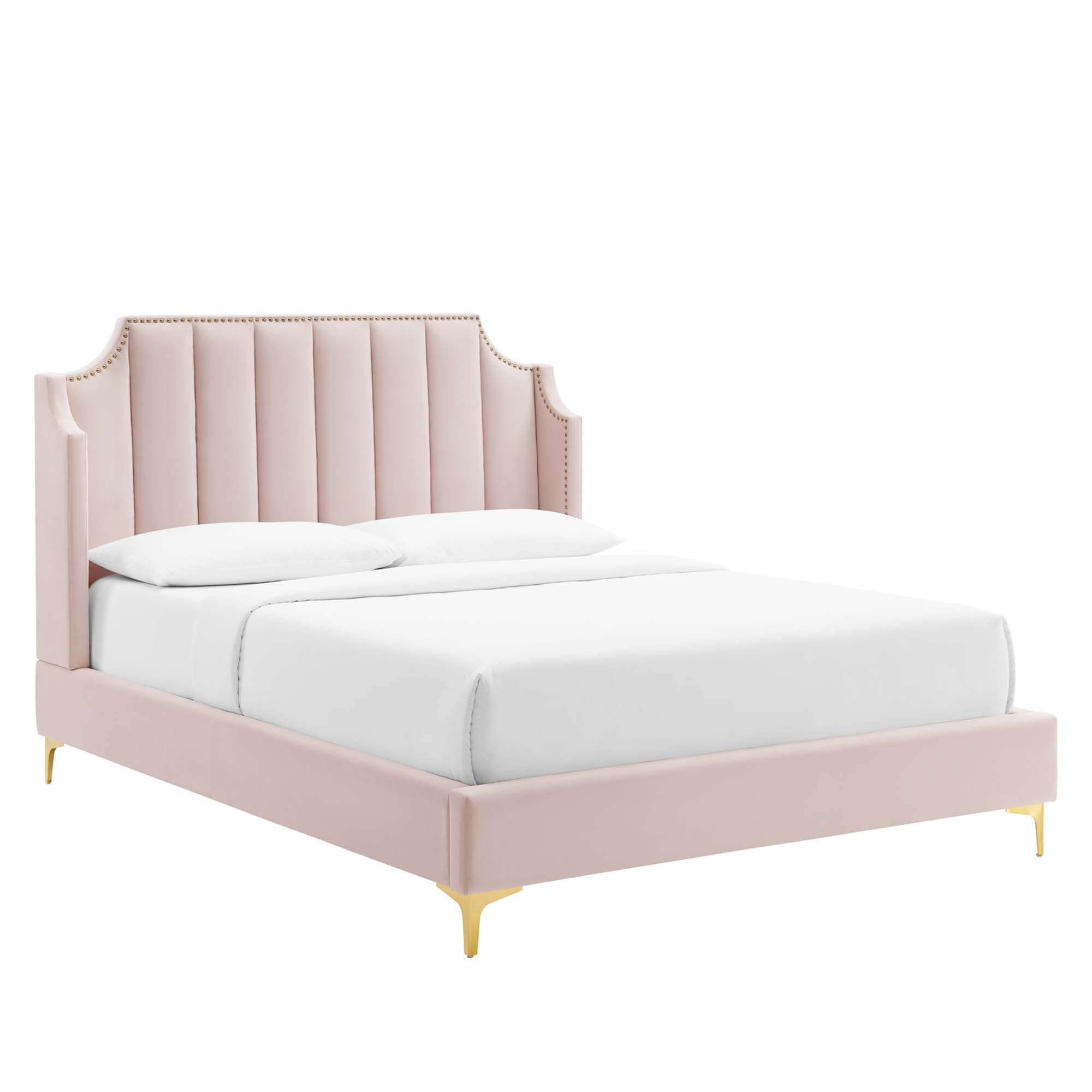 Gensho Performance Velvet Queen Platform Bed – White Wingback with Gold Metal Legs