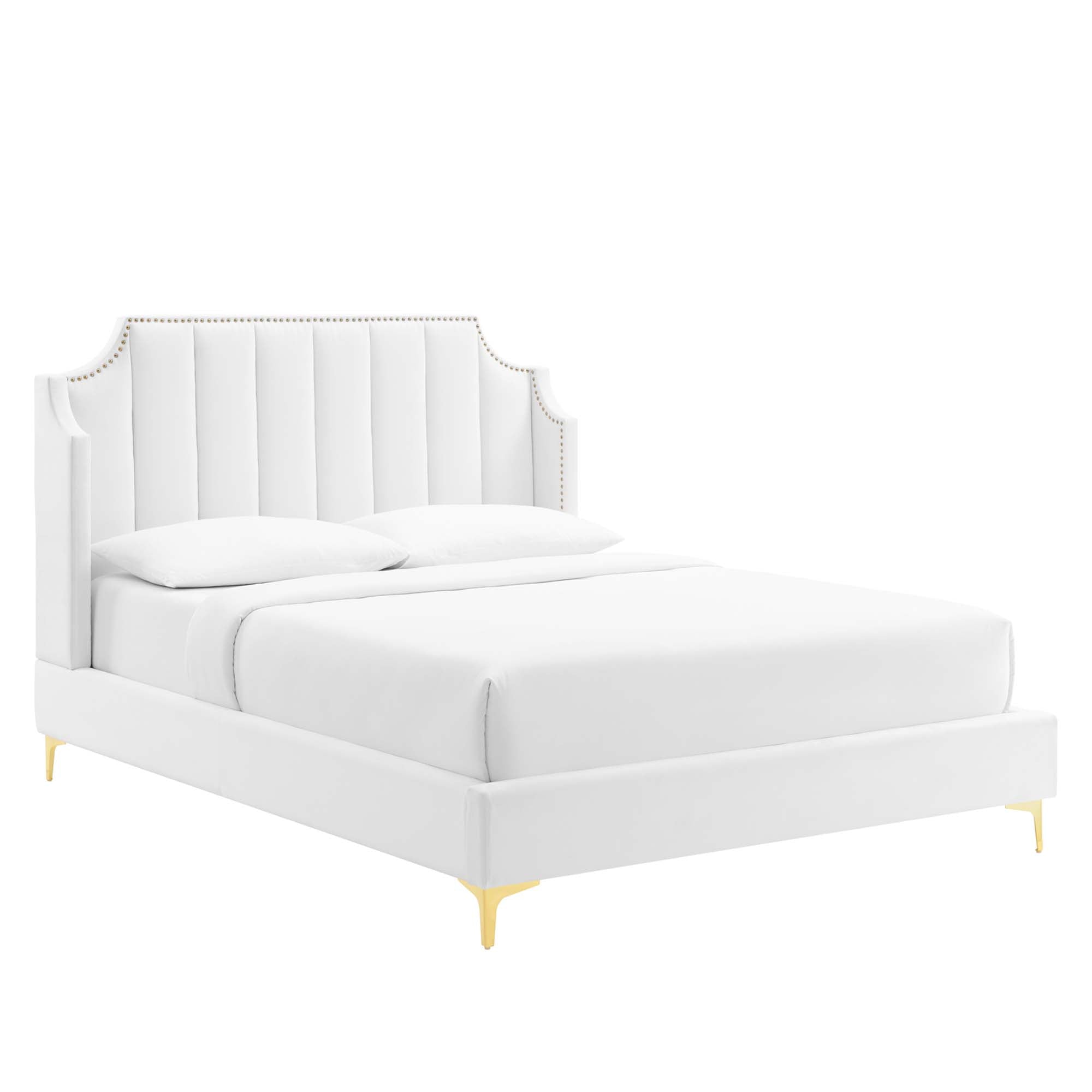 Gensho Performance Velvet Queen Platform Bed – White Wingback with Gold Metal Legs