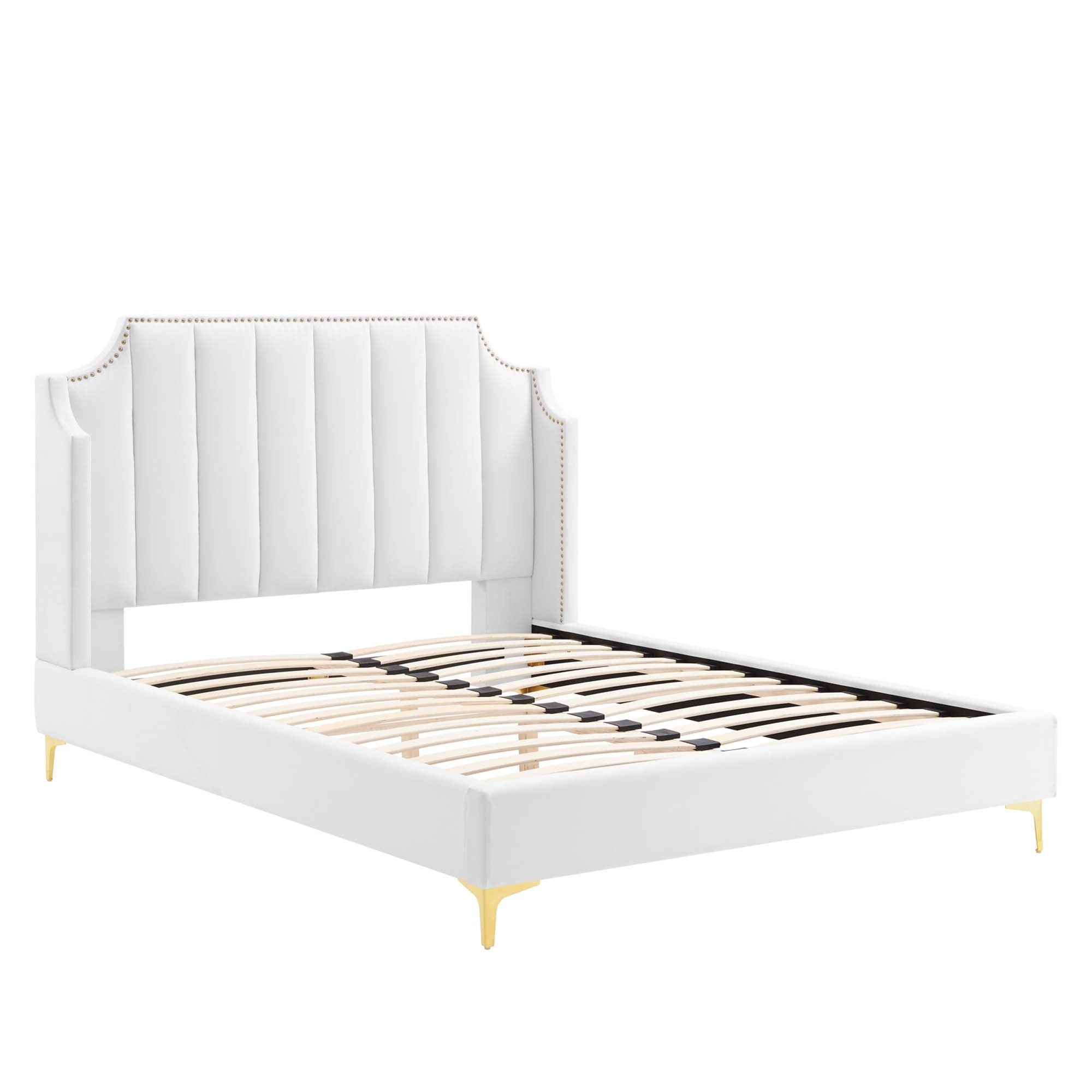 Gensho Performance Velvet Queen Platform Bed – White Wingback with Gold Metal Legs