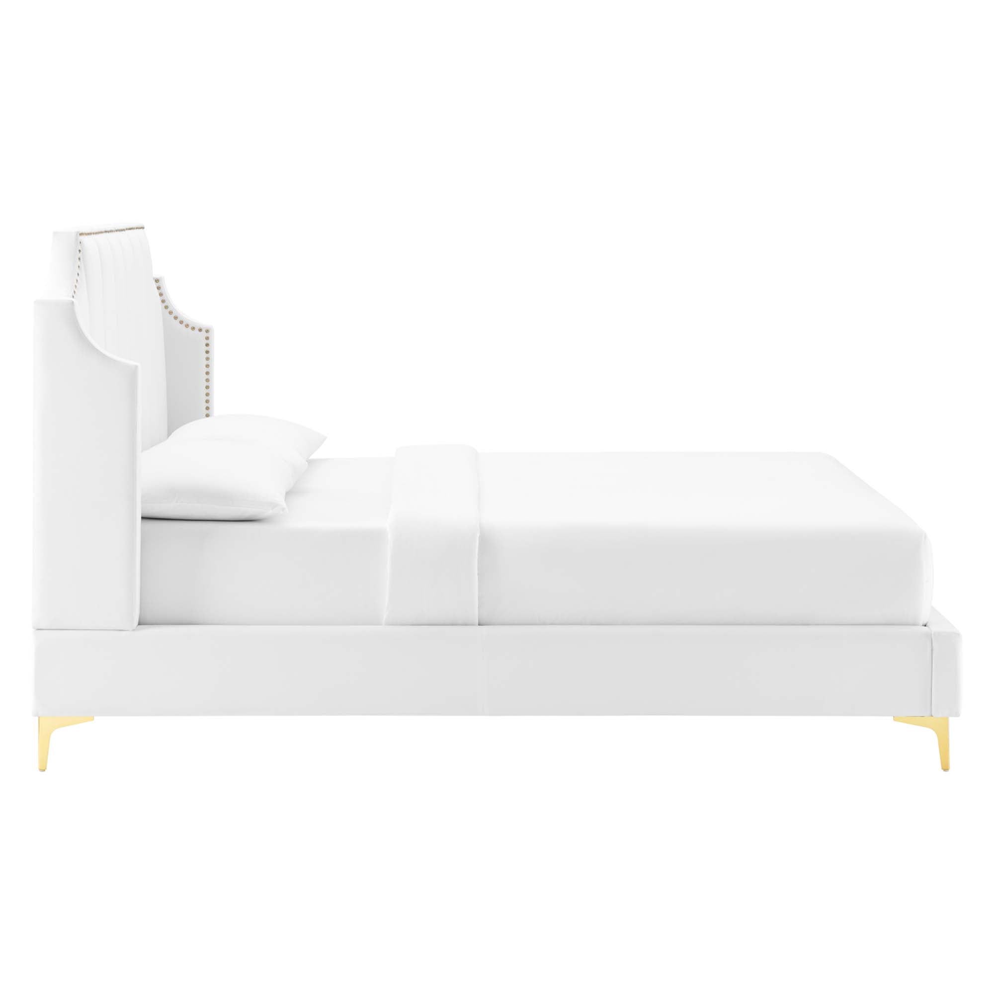 Gensho Performance Velvet Queen Platform Bed – White Wingback with Gold Metal Legs