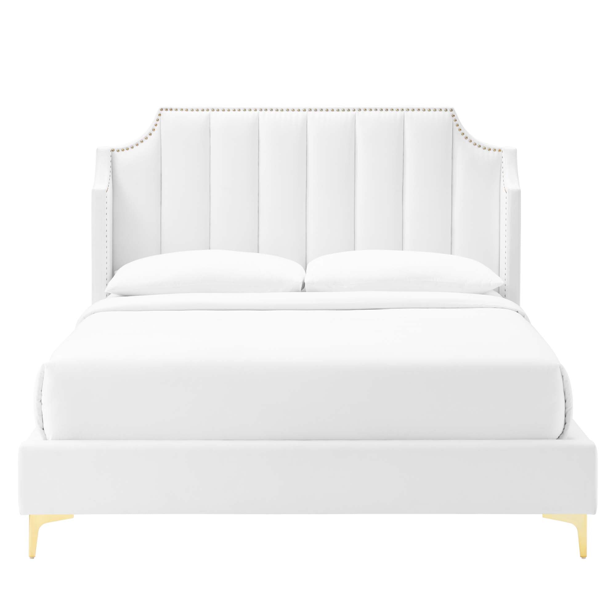 Gensho Performance Velvet Queen Platform Bed – White Wingback with Gold Metal Legs